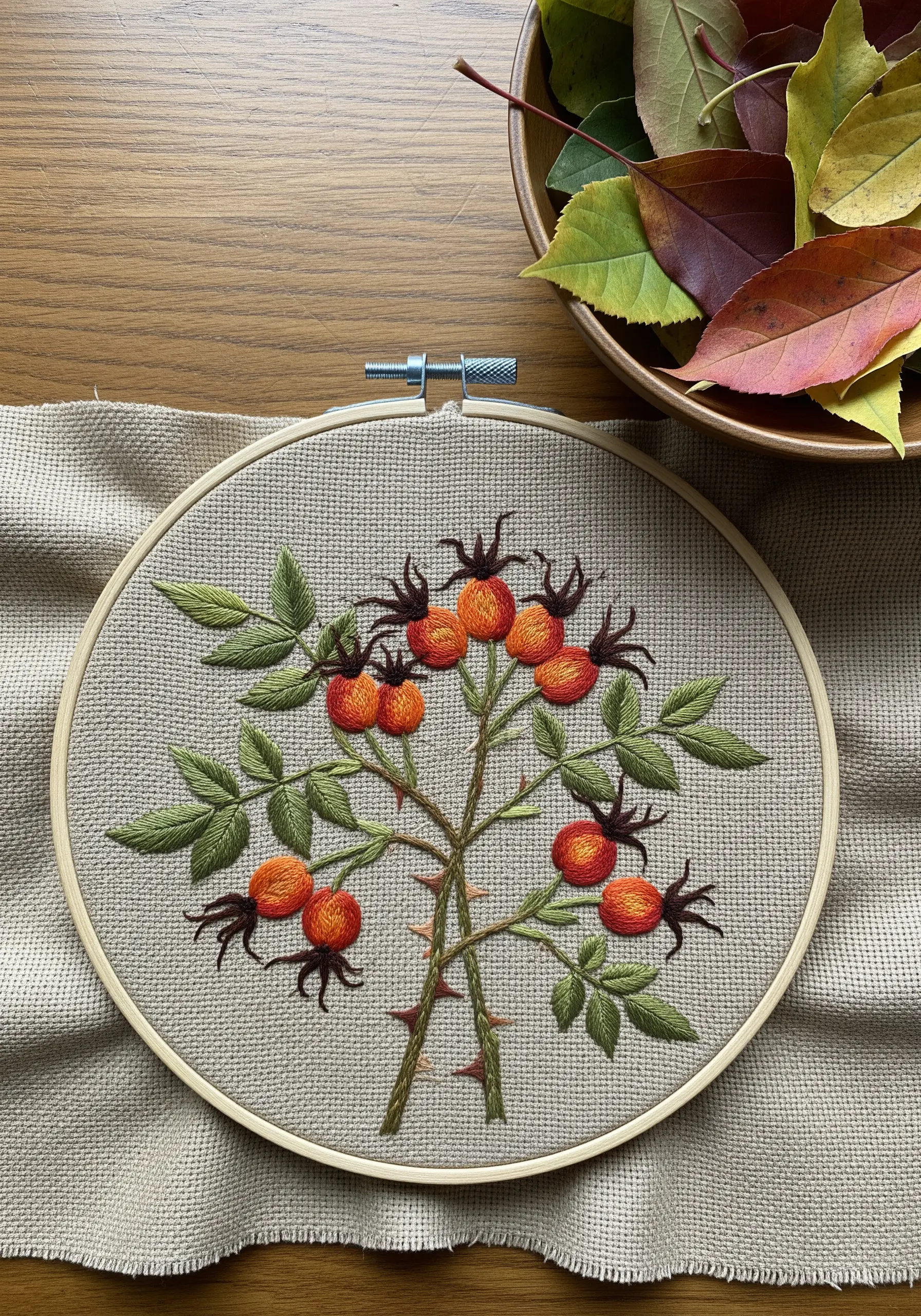 An embroidery of a rose hip branch with round orange berries and green leaves on beige fabric.