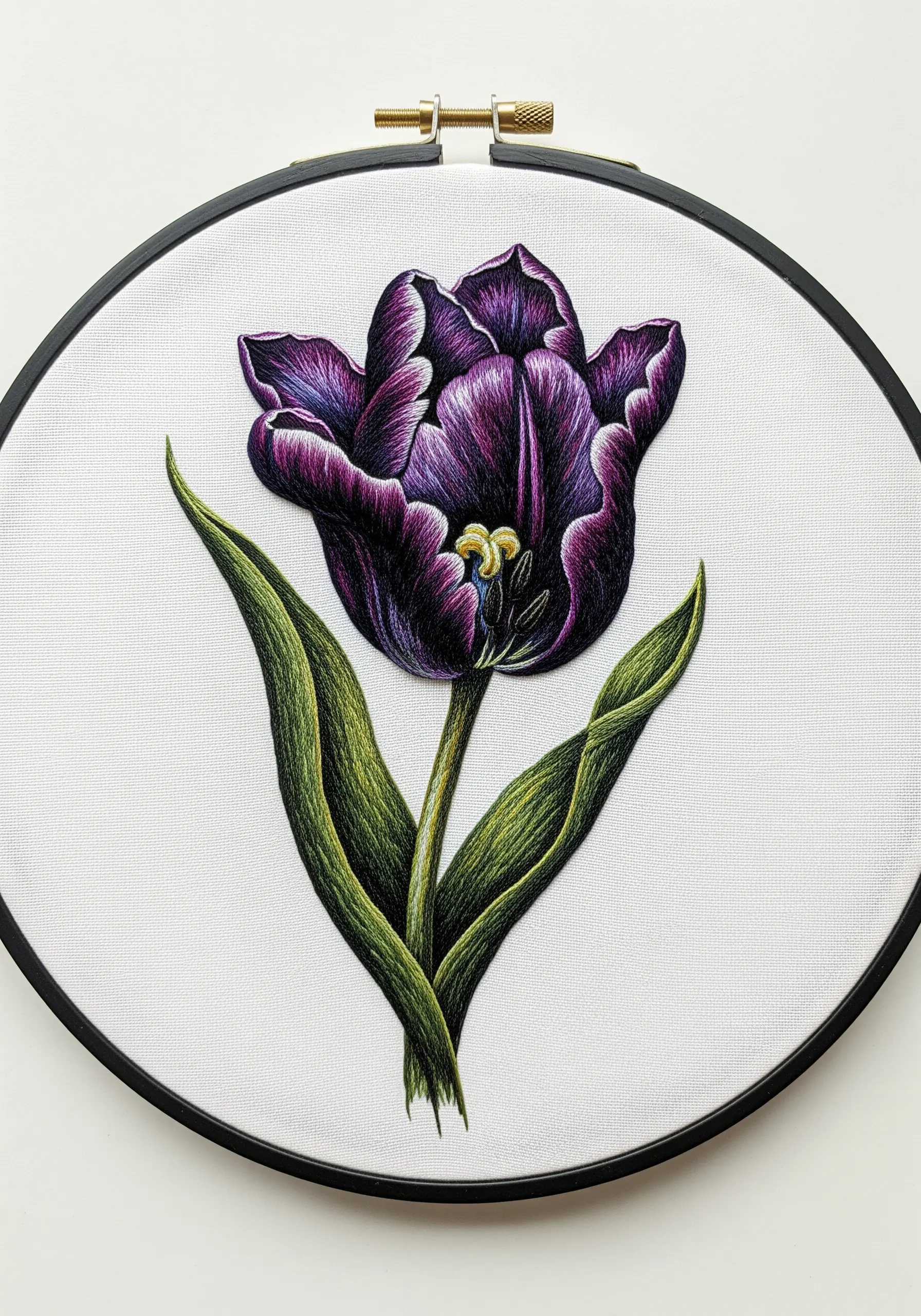 A single, dark purple 'Queen of the Night' tulip embroidered with realistic, velvety texture.