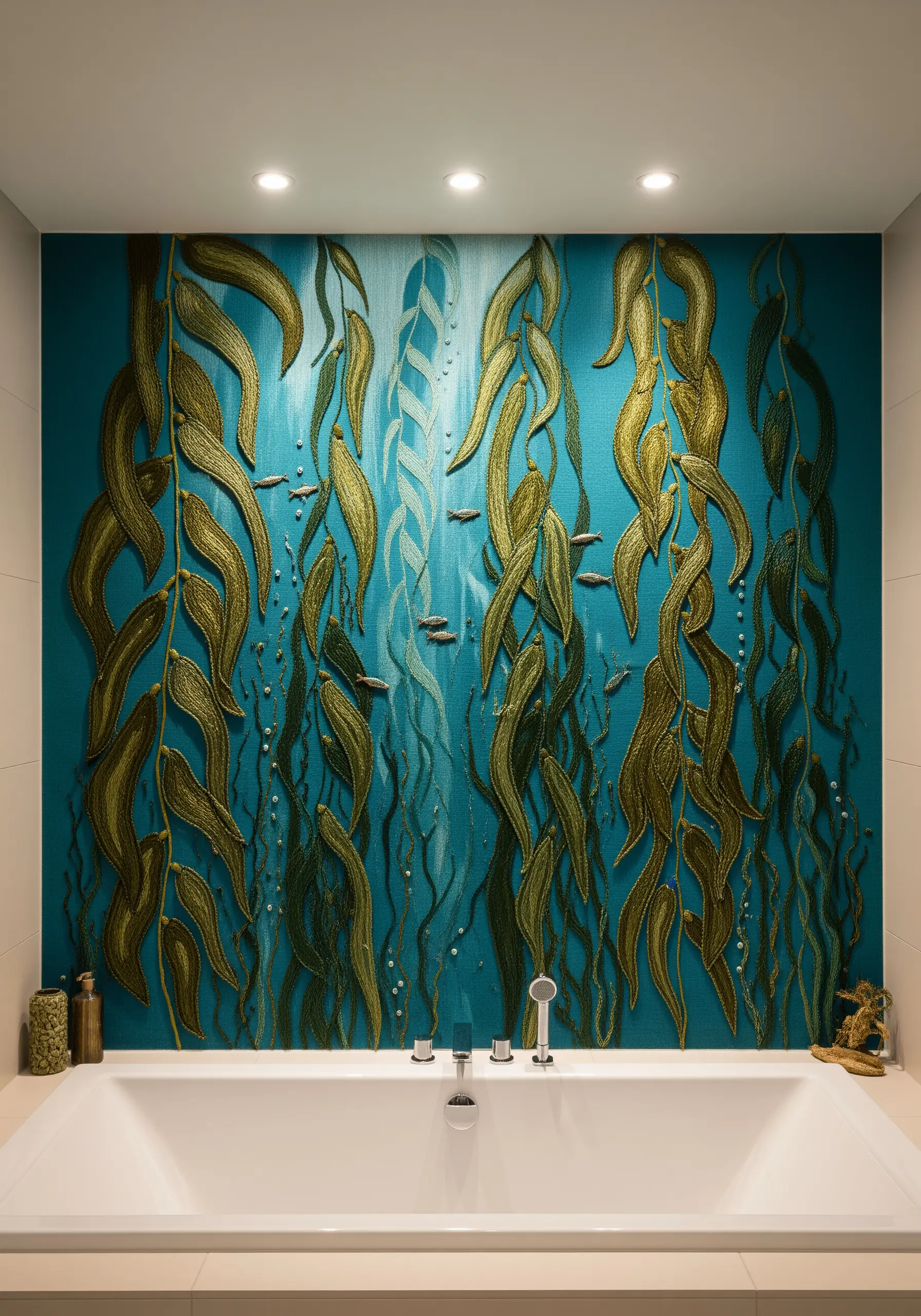 Embroidered mural of a kelp forest in a bathroom, using gold and green threads for a shimmering effect.