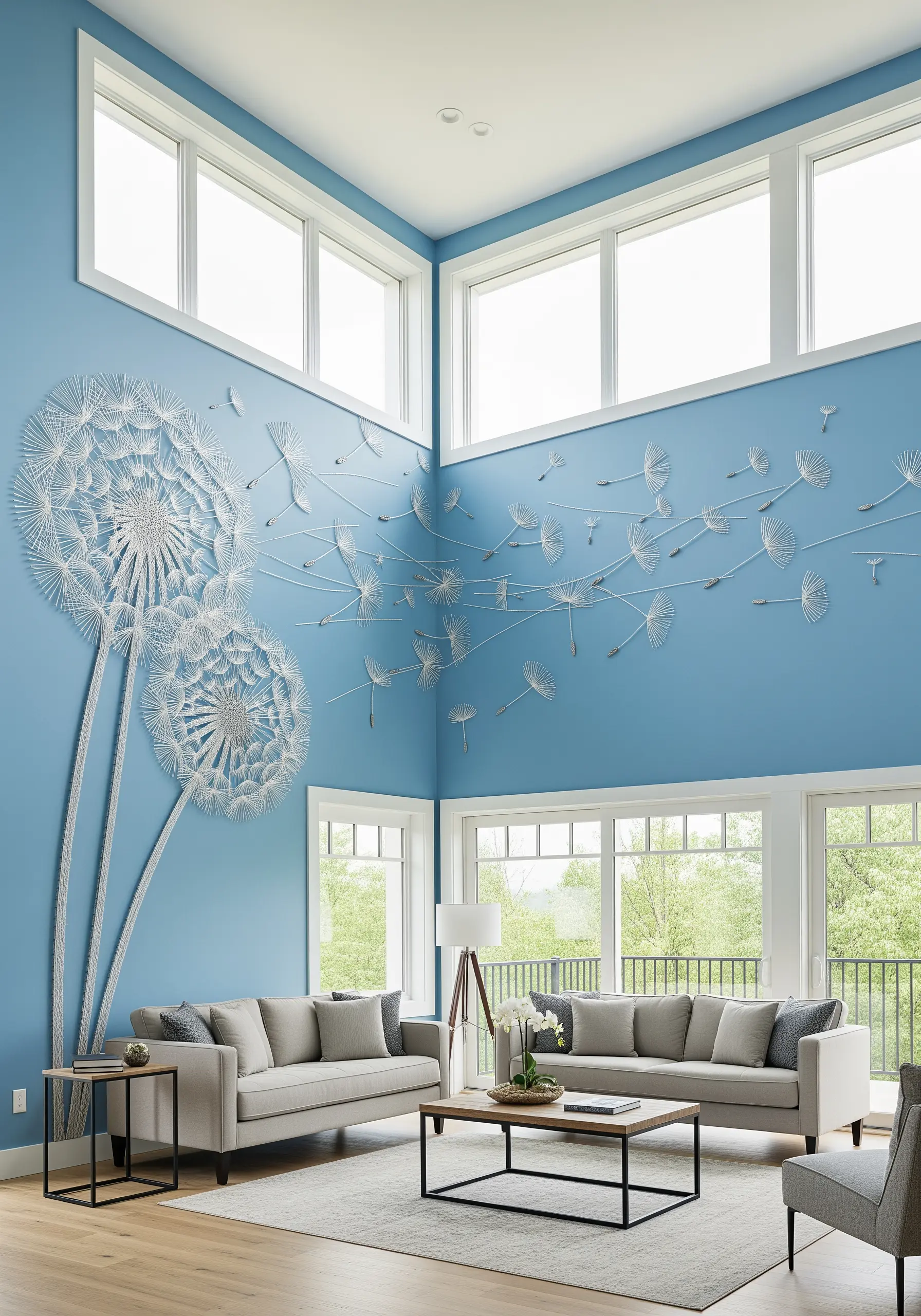 Large-scale string art of dandelions with seeds blowing across a light blue wall.