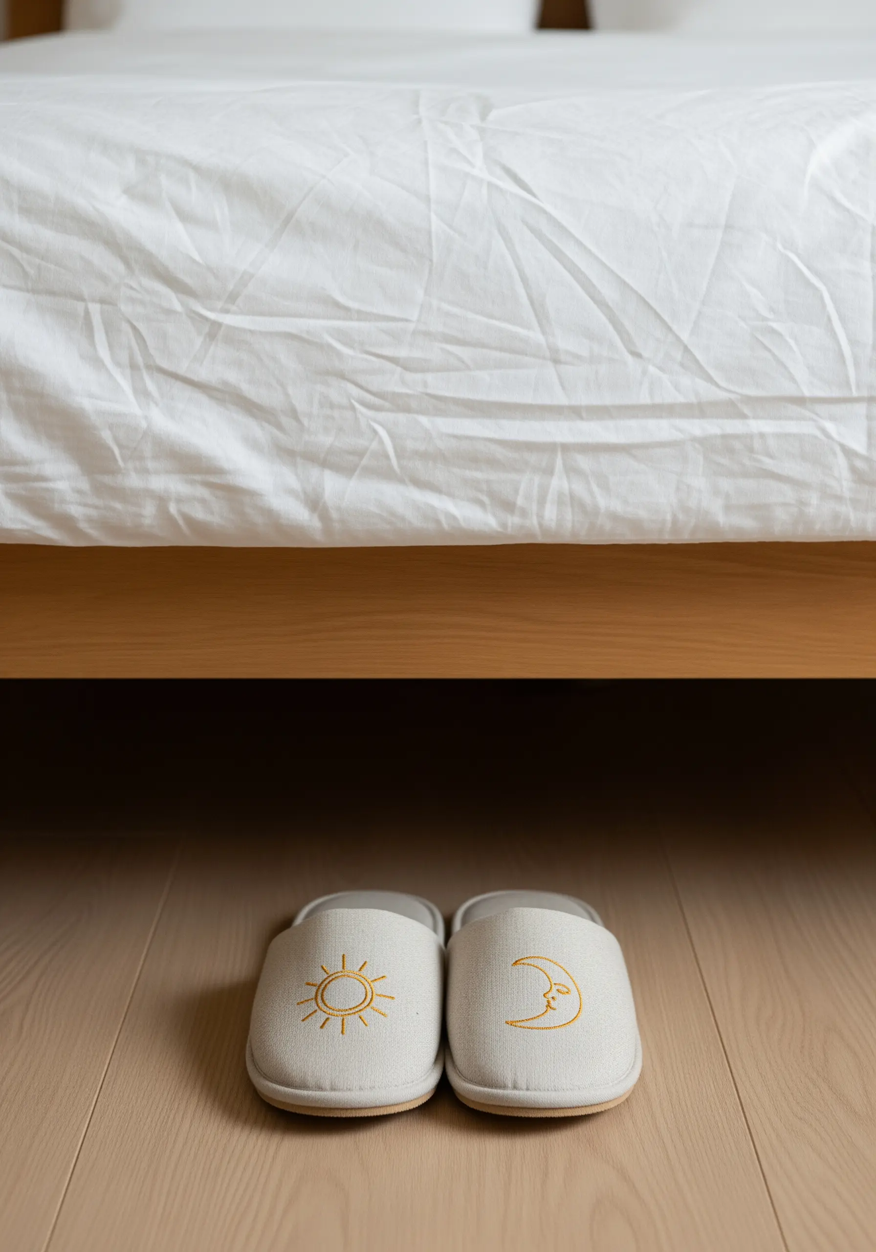 Simple sun and crescent moon motifs embroidered in yellow on white slippers.