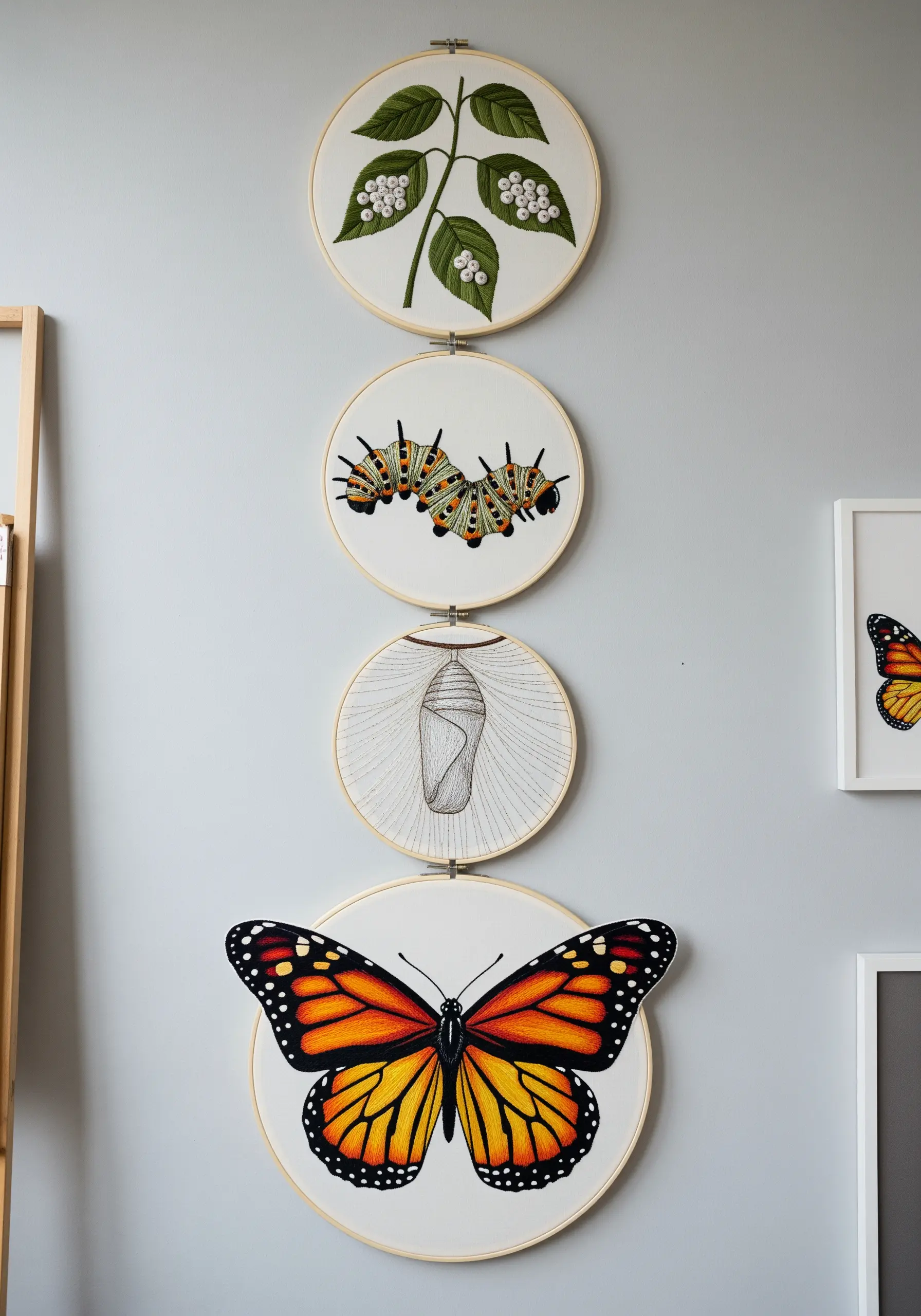 A four-hoop vertical display showing the life cycle of a monarch butterfly.
