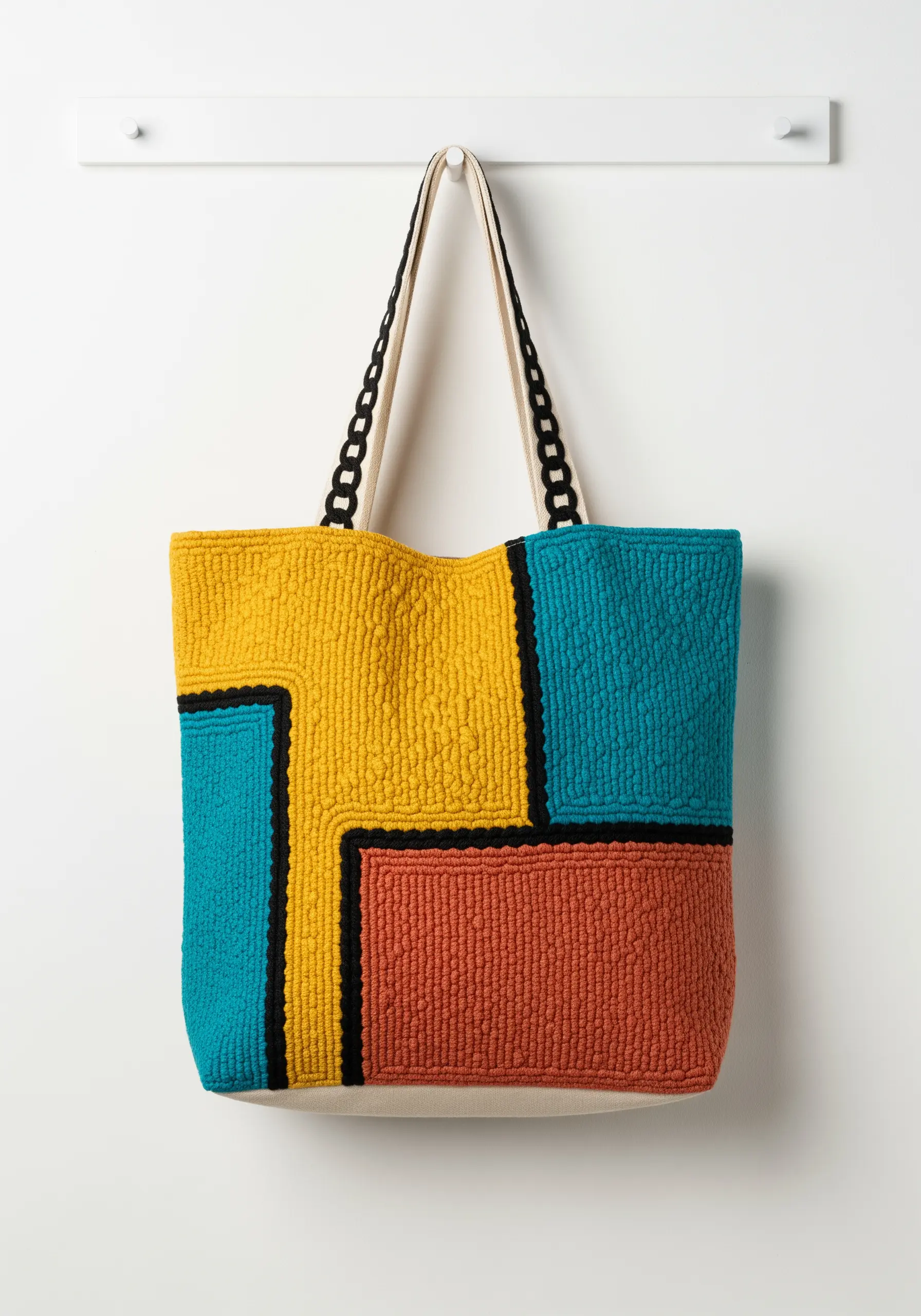 A heavily textured tote bag with color blocks of yellow, teal, and orange, defined by black lines.