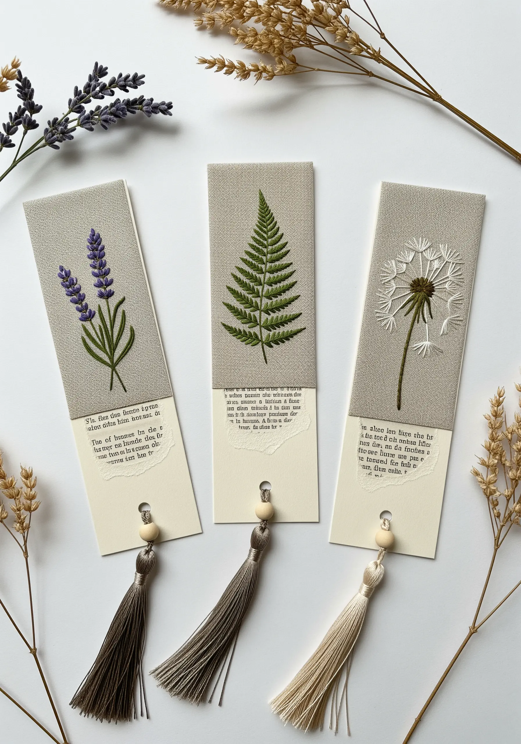 Three embroidered bookmarks with lavender, fern, and dandelion motifs on cardstock.