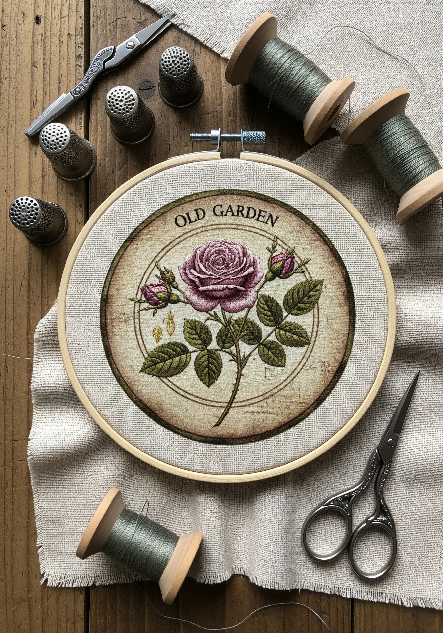 A vintage rose illustration printed on fabric and then selectively enhanced with embroidery stitches.