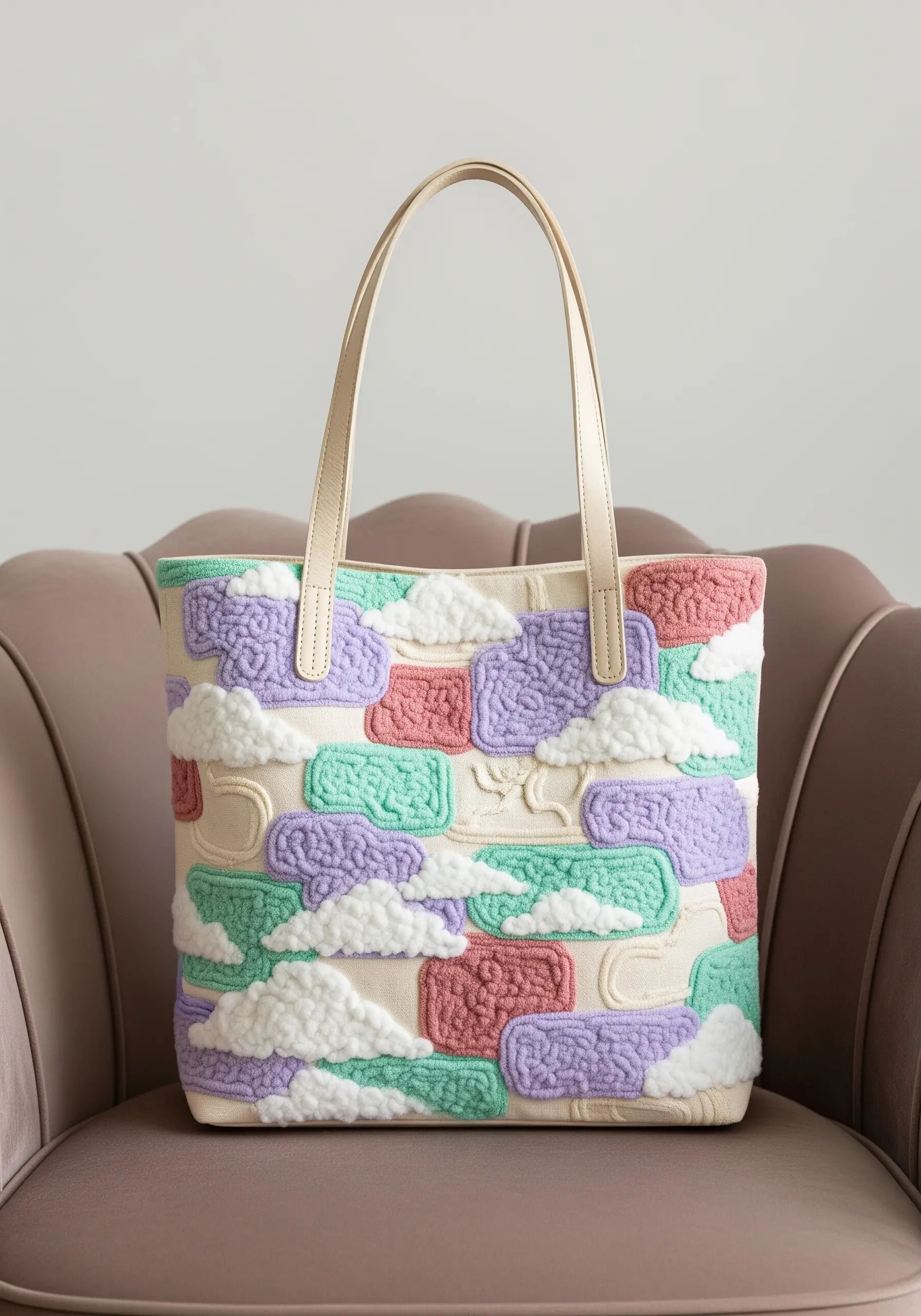 A pastel-colored tote bag with textured, cloud-like patches made with punch needle.