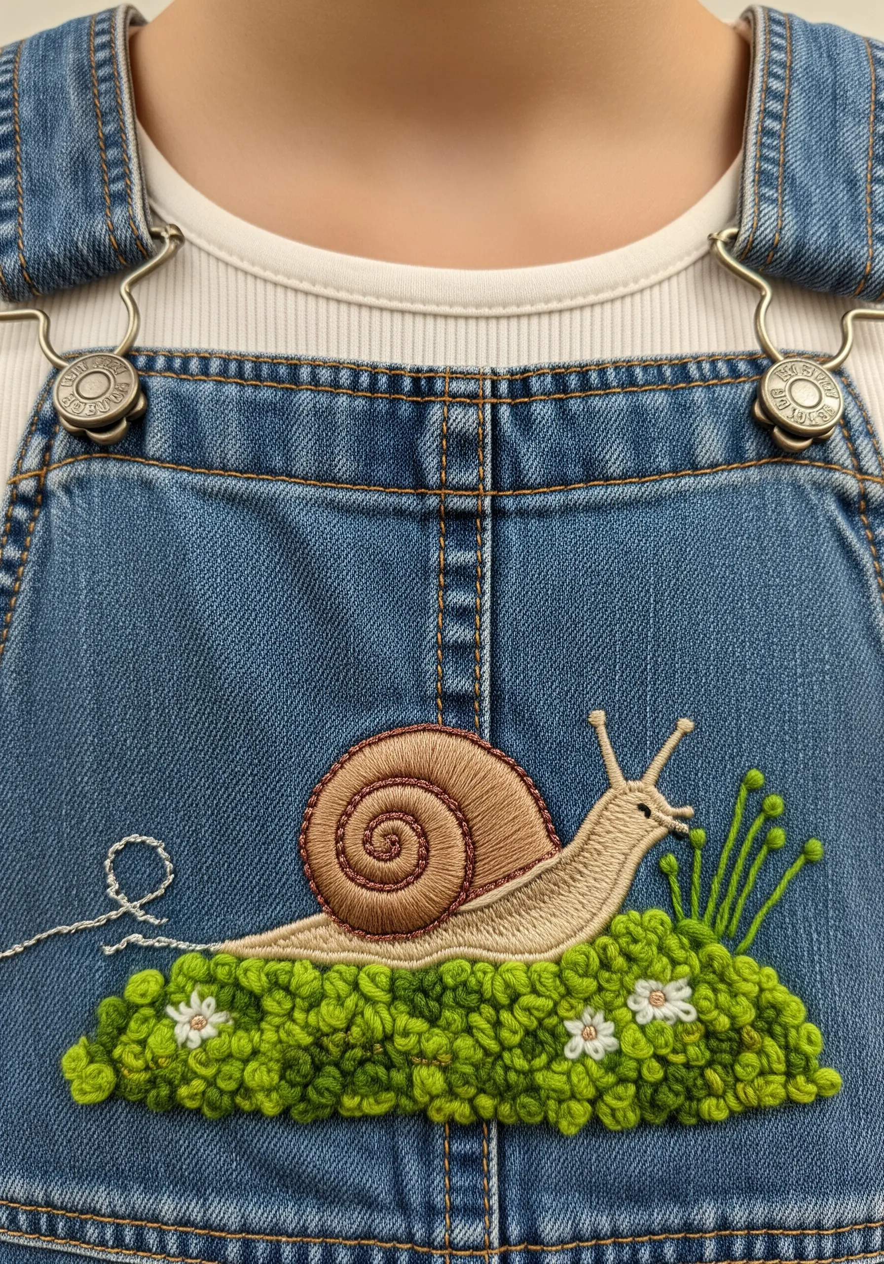 A whimsical snail embroidered on denim overalls, with a smooth shell and textured grass.
