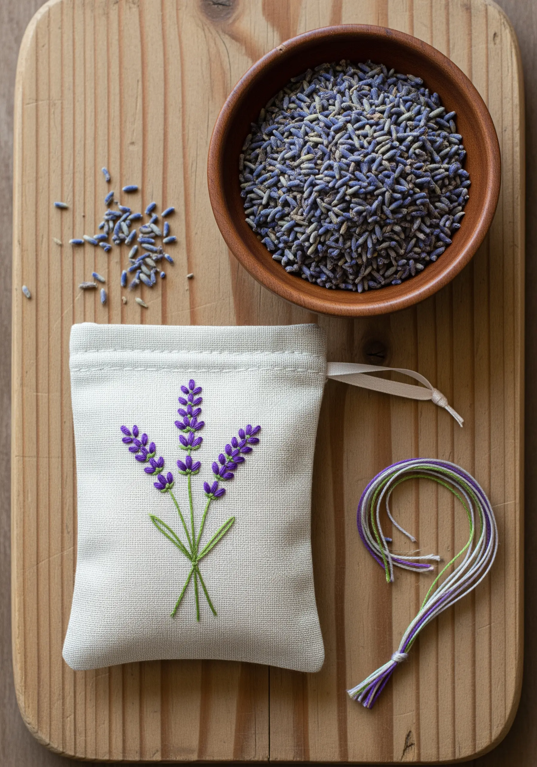 A finished lavender embroidery design on a small linen drawstring sachet.