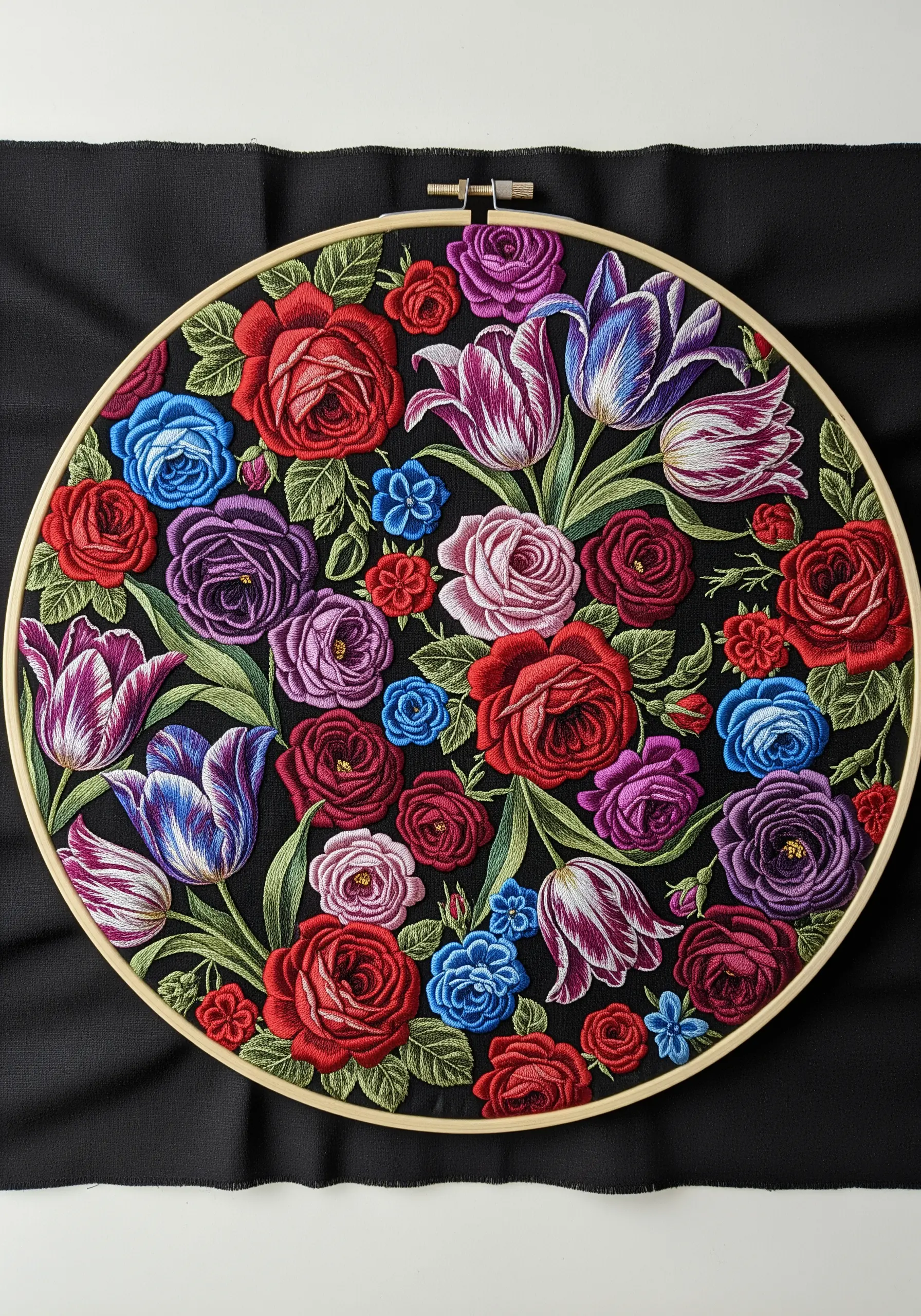 A dense, colorful hoop filled with a variety of embroidered roses and tulips in jewel tones on black fabric.