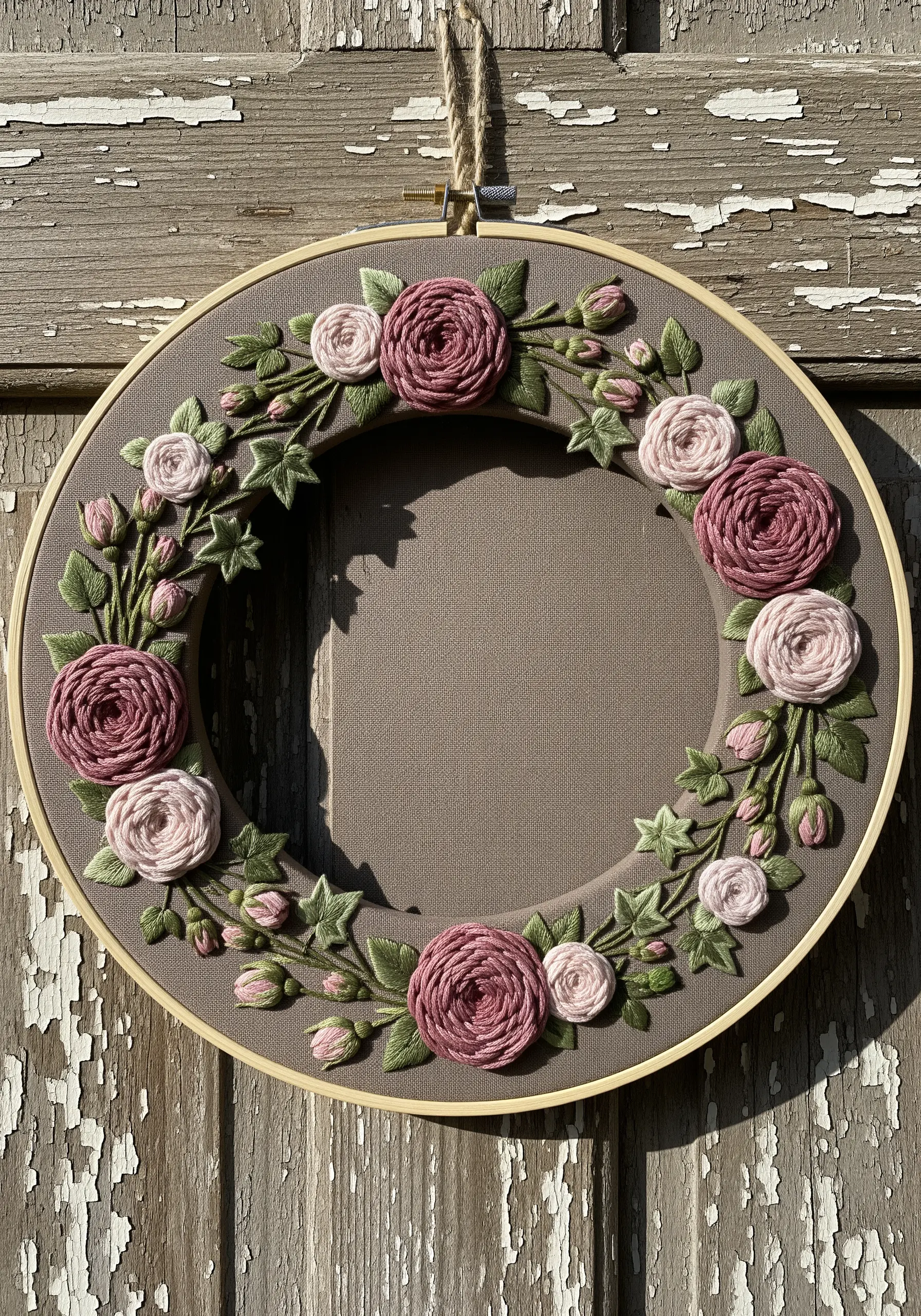 A dimensional wreath of dusty pink and mauve roses and green leaves on a taupe background.