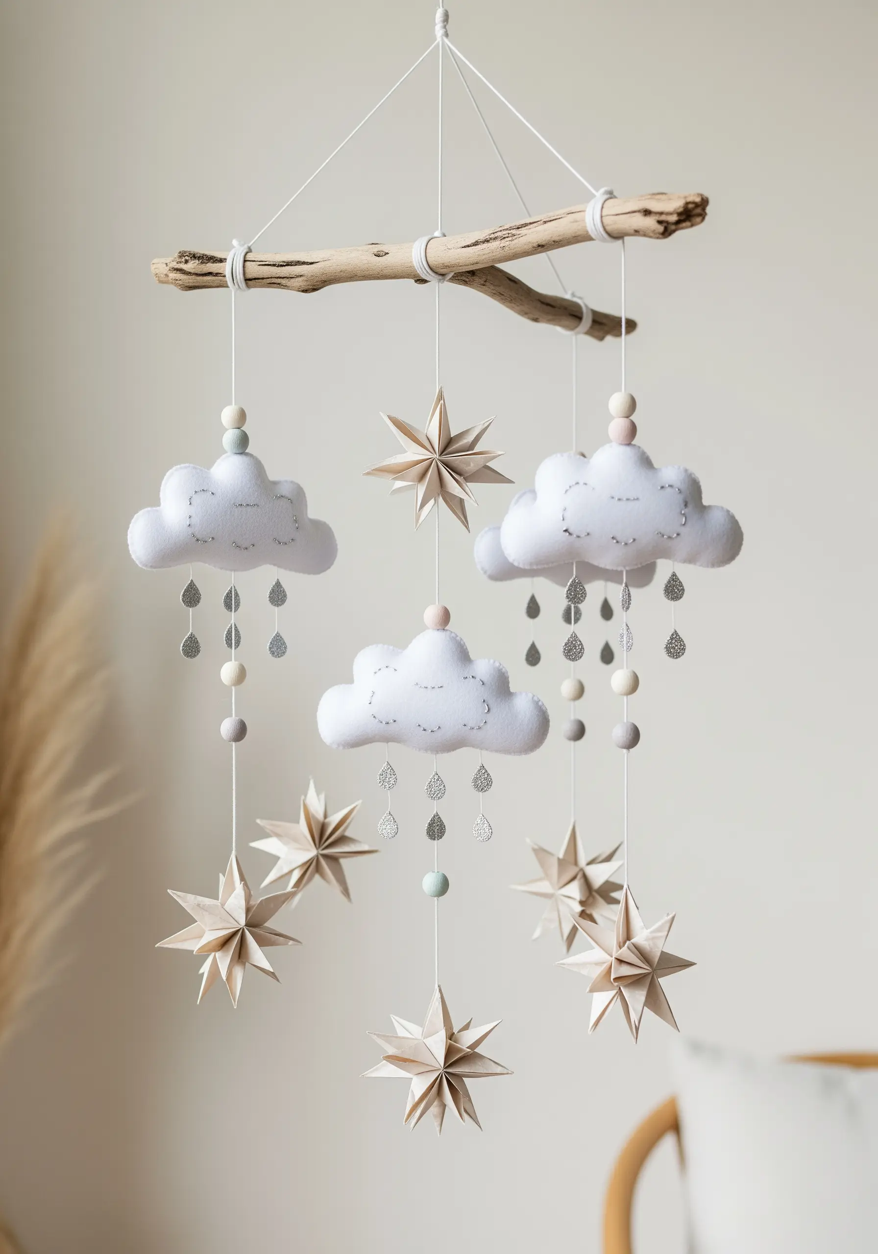 A nursery mobile with felt clouds, paper stars, and wooden beads hanging from driftwood.