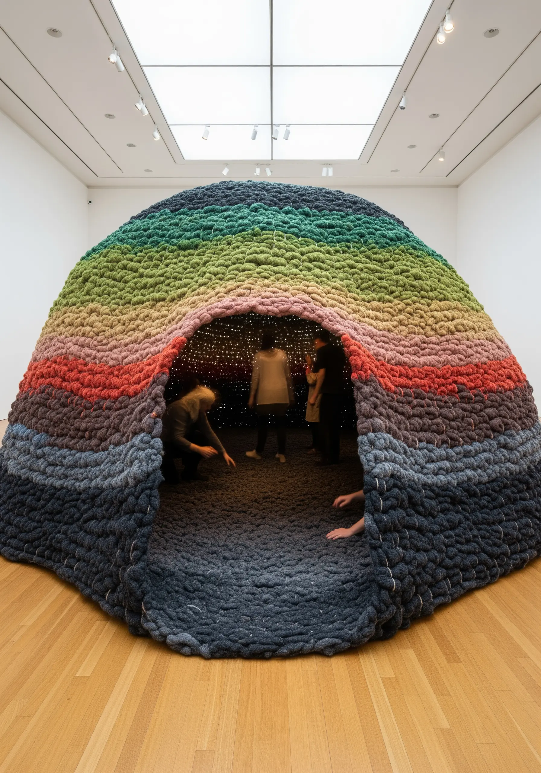 Creating large-scale texture by couching oversized wool roving in color-blocked rows.