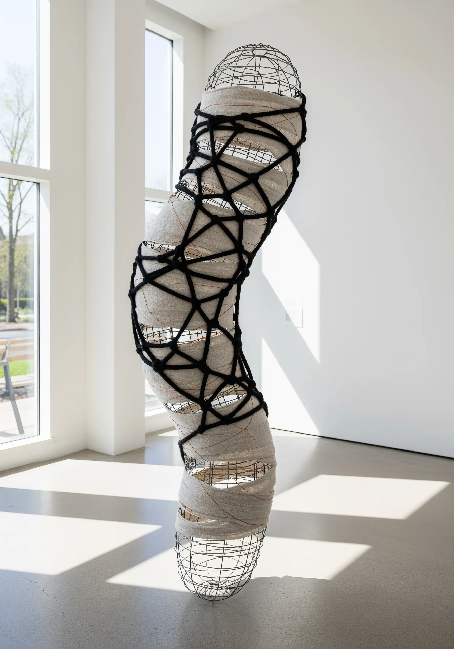 A large, organic wireframe sculpture wrapped in muslin and bound with black yarn.
