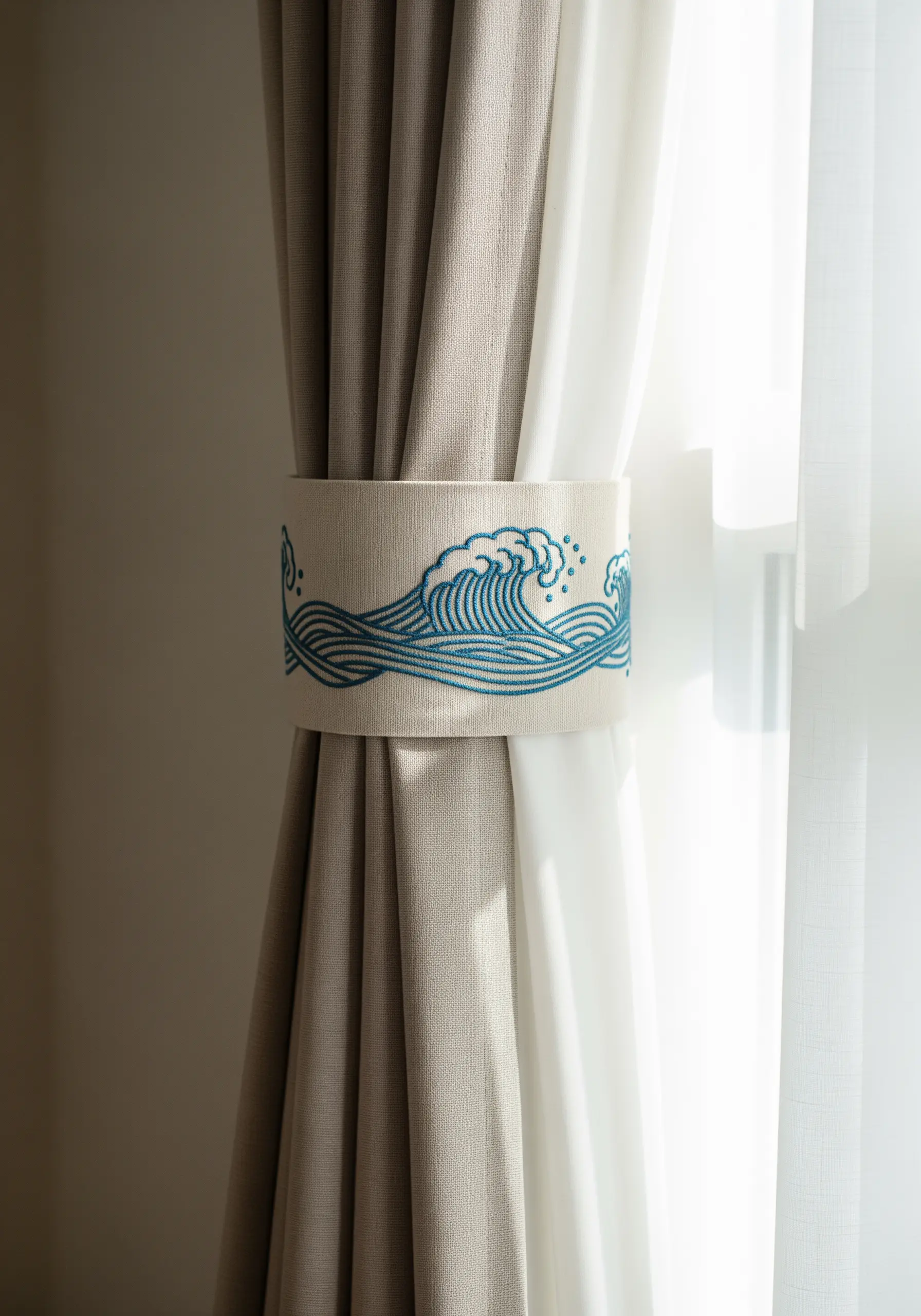 A fabric curtain tie-back embroidered with a blue and white Japanese-style wave pattern.