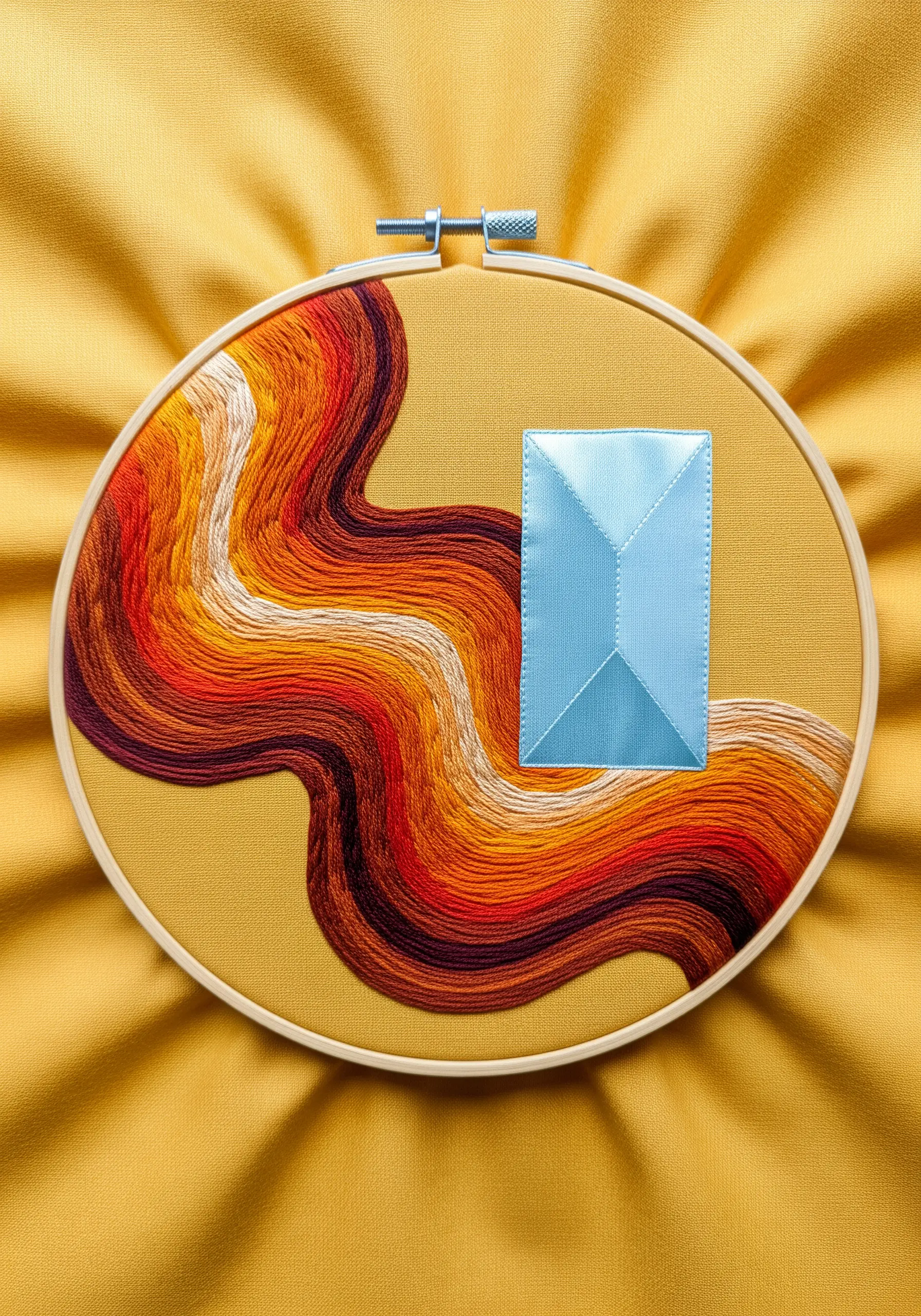 A warm, flowing gradient of stitched thread next to a crisp, solid light blue fabric square on yellow cloth.