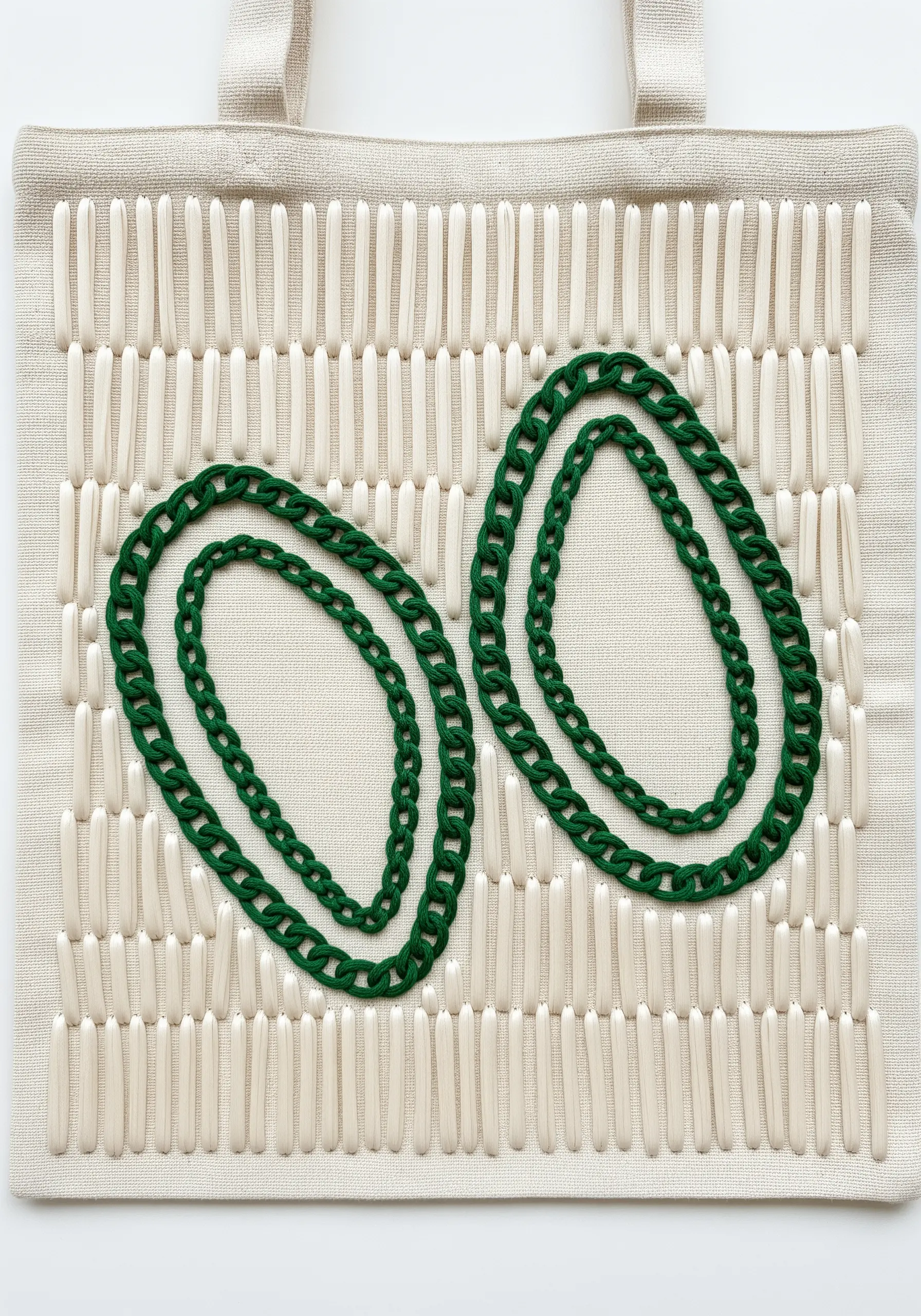 Green chain stitch ovals on a background of raised, vertical white stitches.