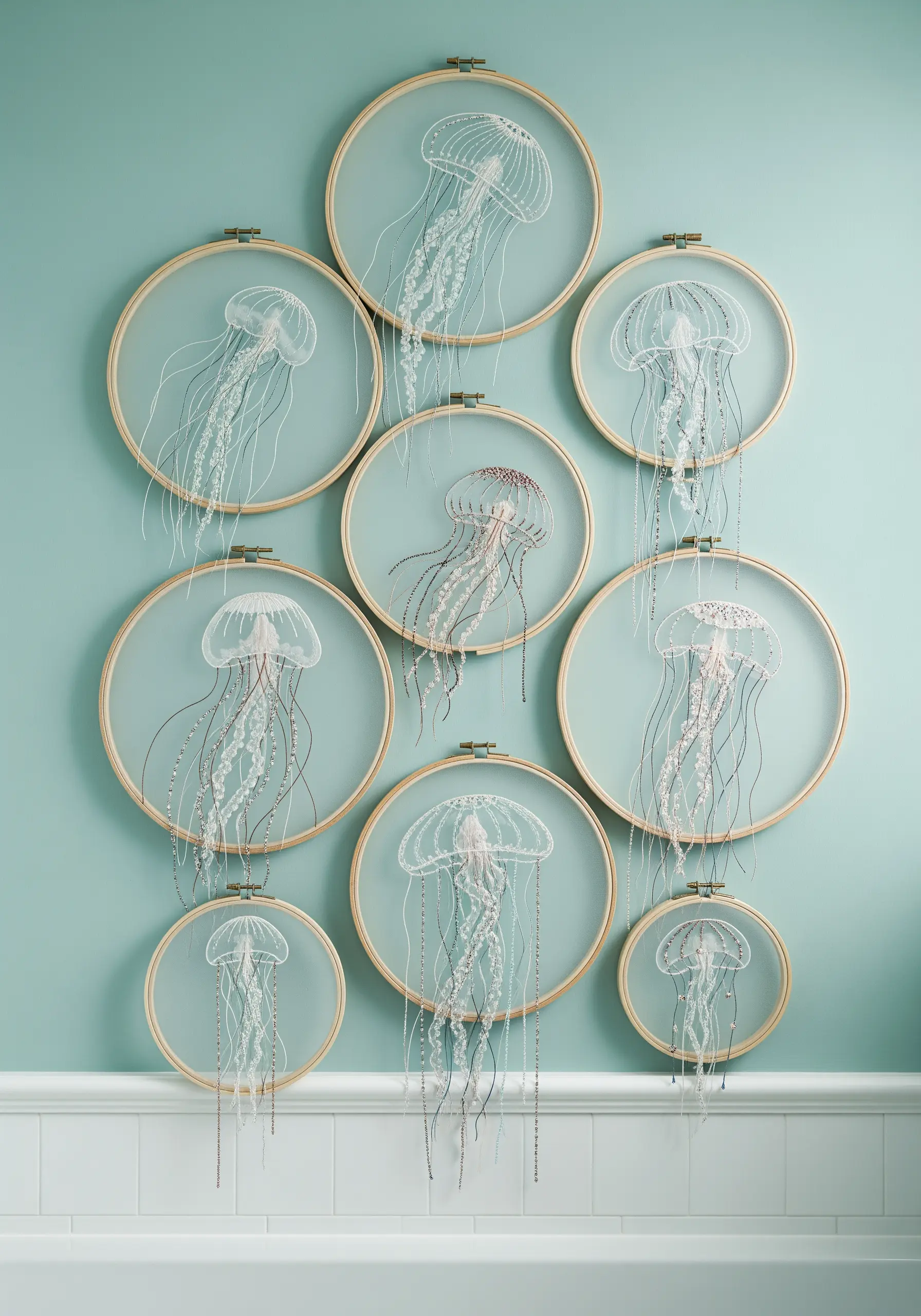A collection of embroidery hoops with translucent jellyfish, with threads trailing down.