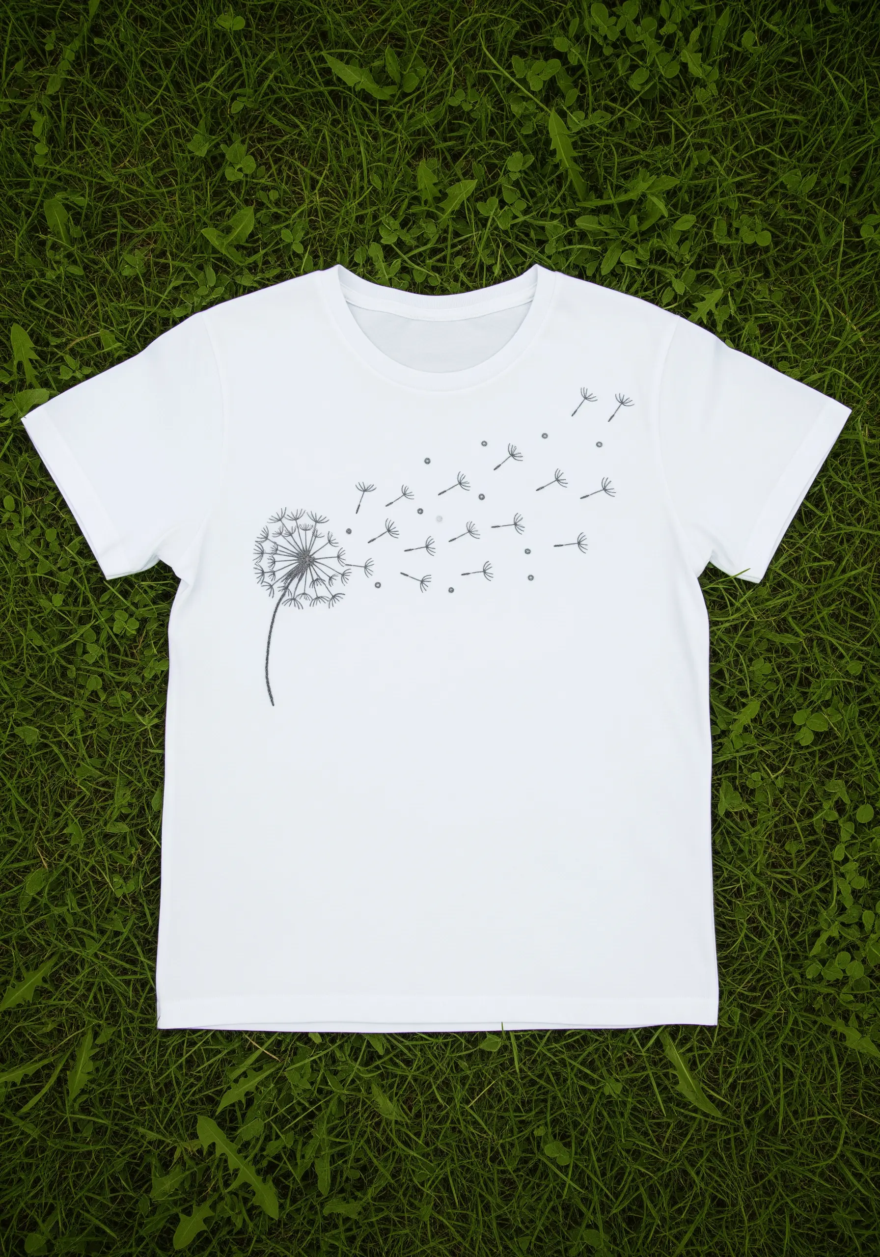 A minimalist dandelion embroidered on a white t-shirt, with seeds blowing across the fabric.