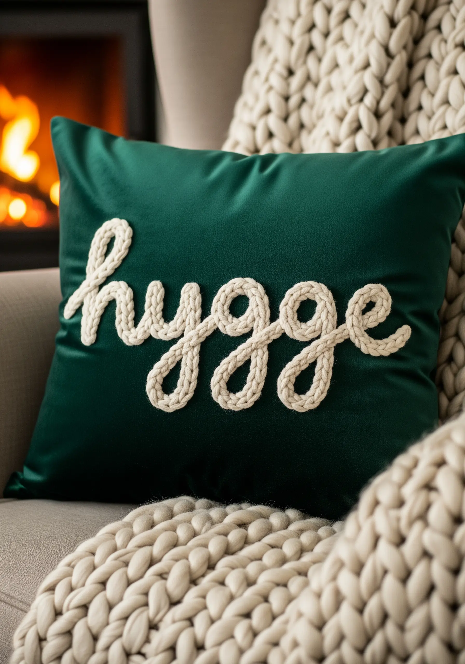 A dark green velvet pillow with the word 'hygge' embroidered in a thick, white, rope-like yarn.