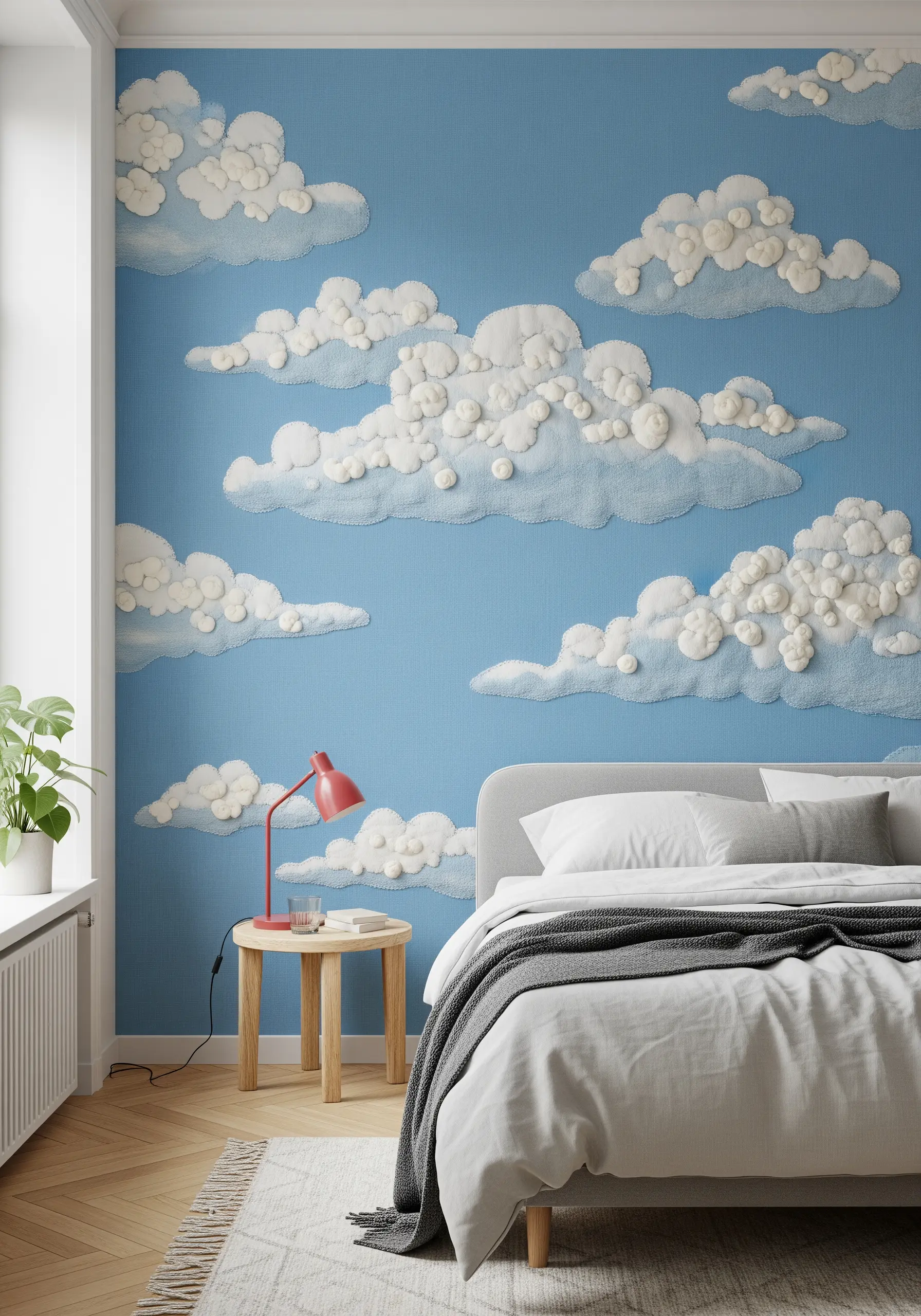A bedroom wall with large, plush, 3D white clouds stitched onto a blue fabric background.