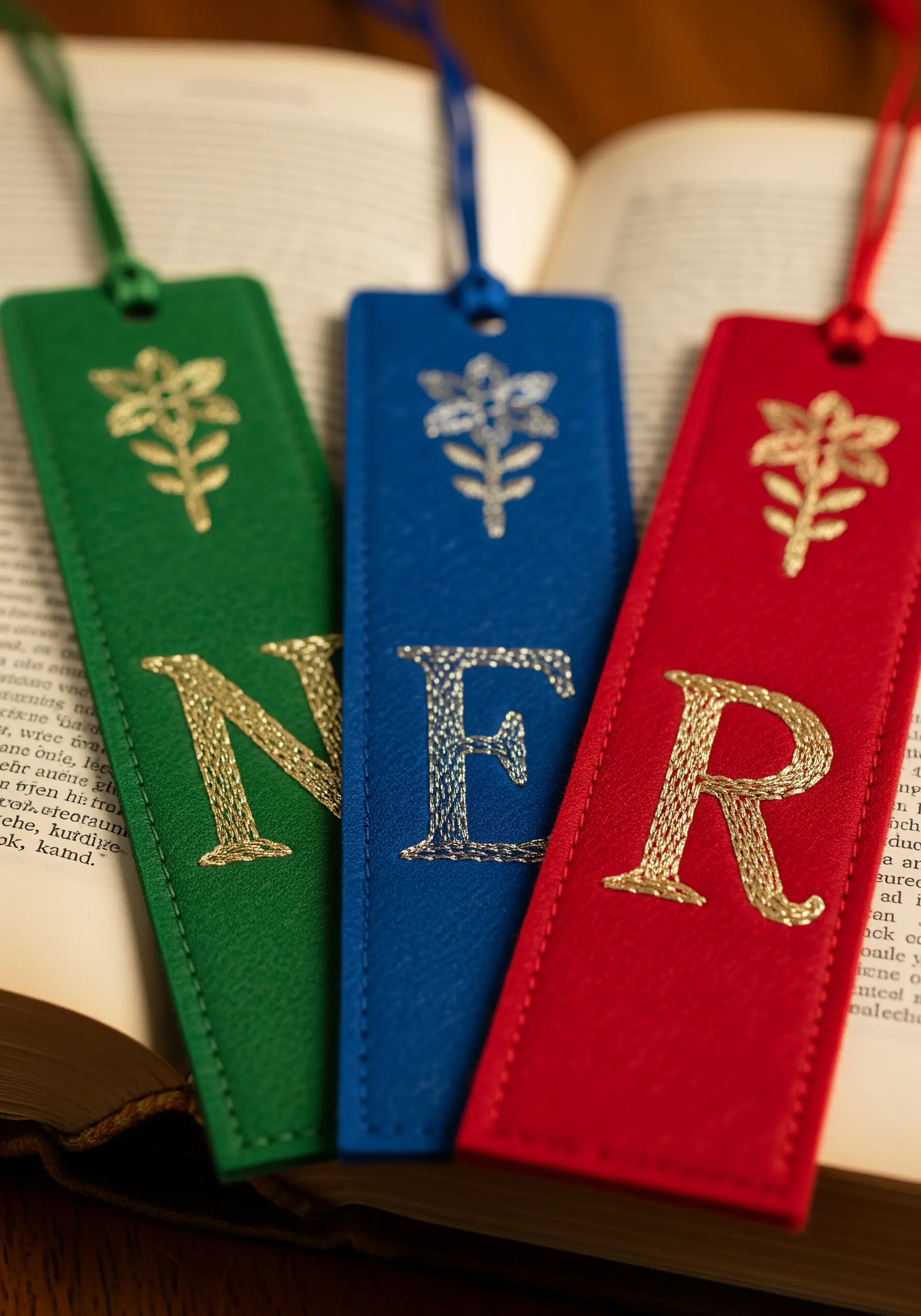 Three faux leather bookmarks in green, blue, and red with elegant gold metallic monograms.
