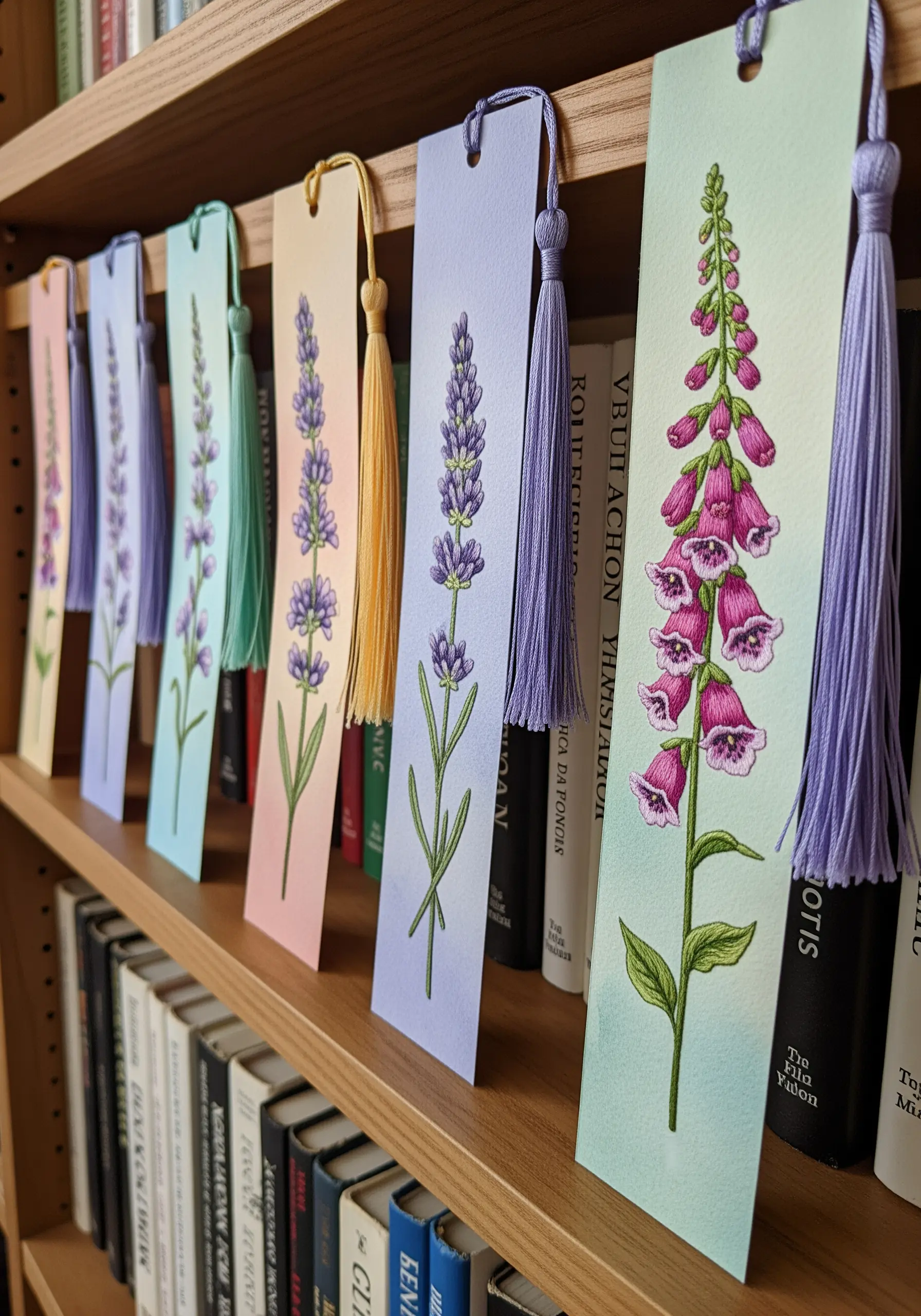 Colorful bookmarks with lavender and foxglove embroidery on watercolor paper backgrounds.