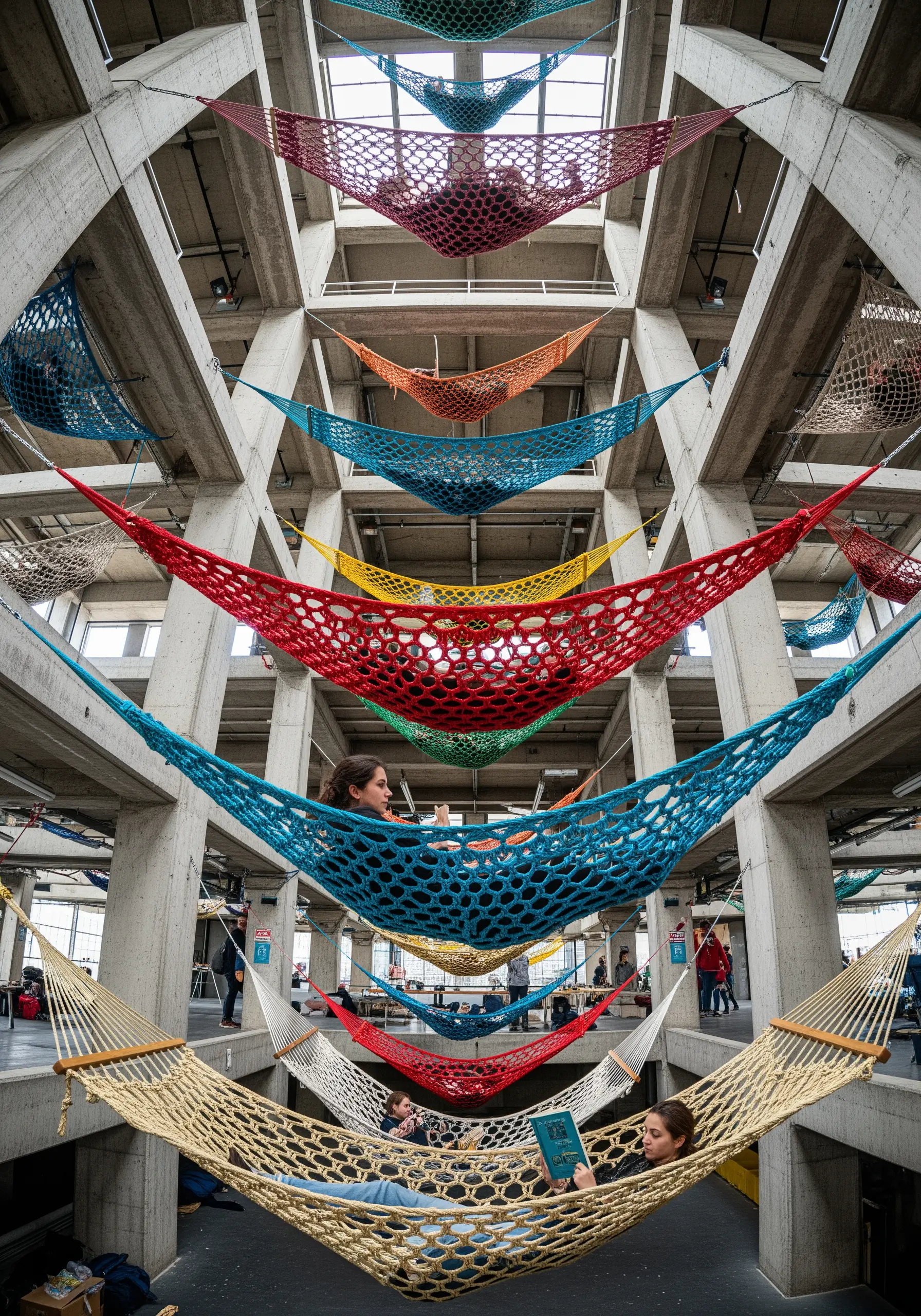 Dozens of colorful, netted hammocks strung up between concrete pillars in a large industrial building.
