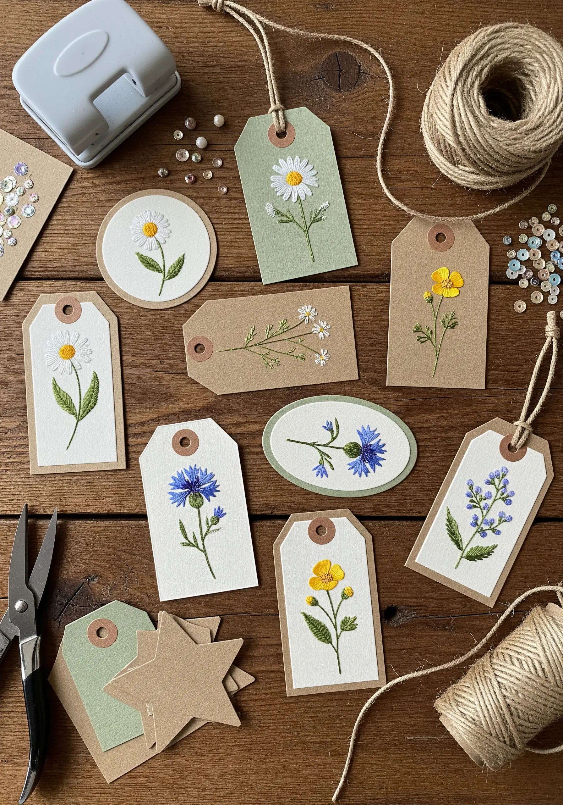 Small cardstock gift tags decorated with delicate, single-flower embroidery motifs.