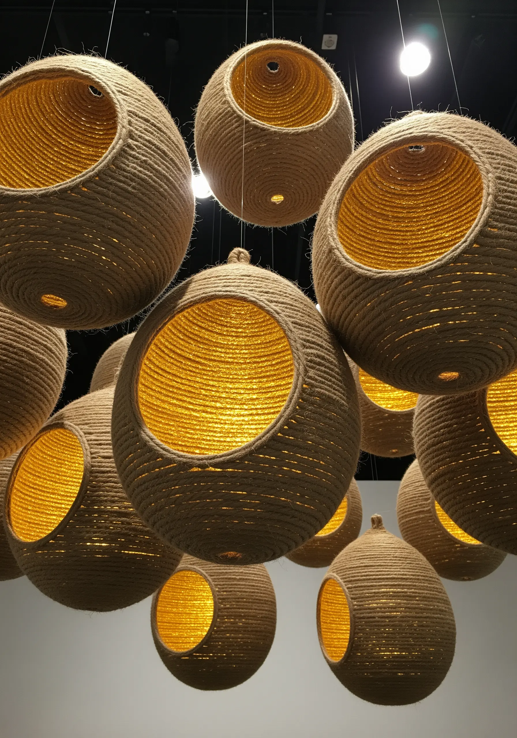 A cluster of hanging spherical pendant lights wrapped in coarse jute rope.