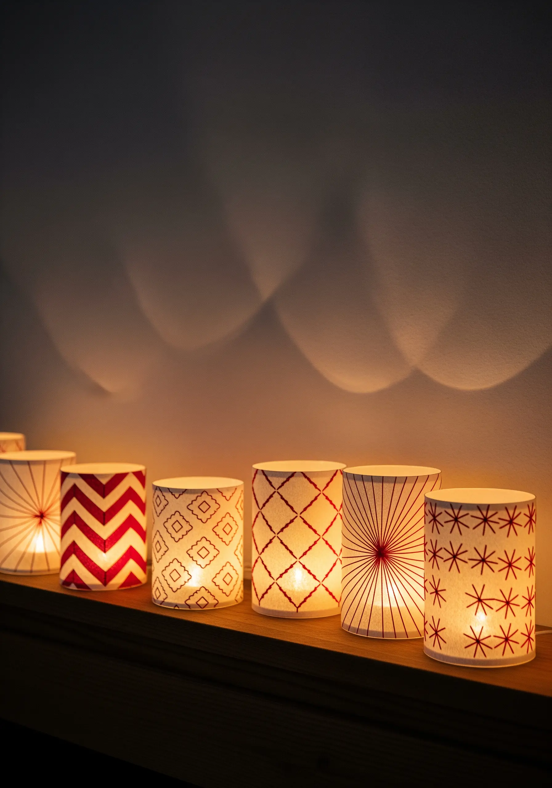 A row of paper lanterns with red stitched geometric patterns, illuminated from within by candles.