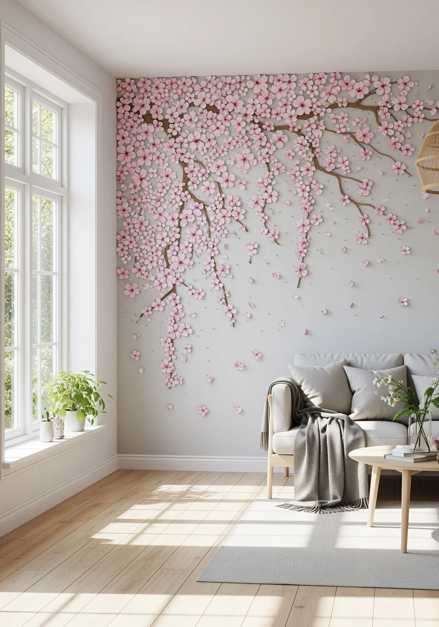 Wall installation of 3D pink cherry blossoms and branches cascading down a white wall.