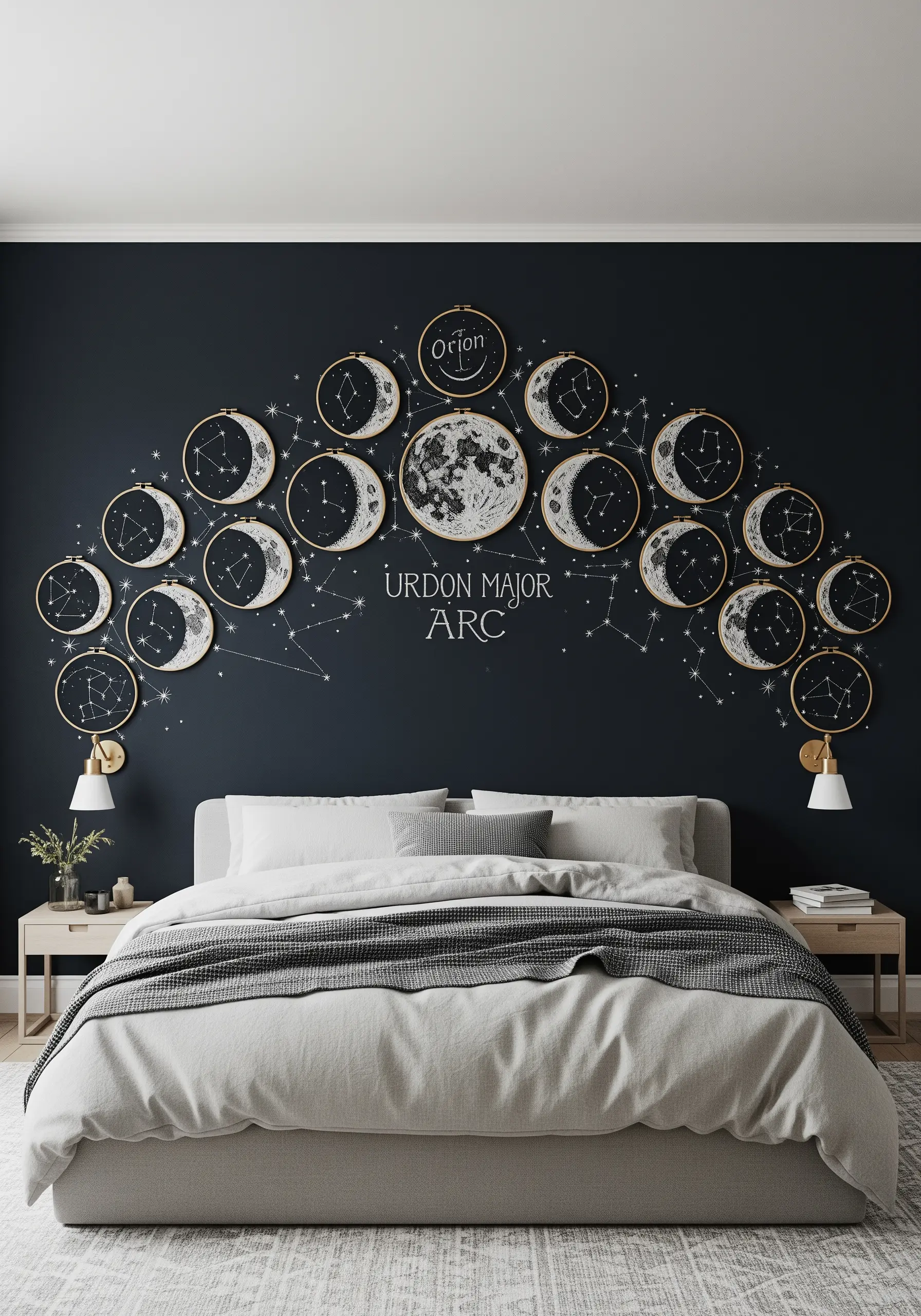 An arc of embroidery hoops showing moon phases and constellations against a dark wall.