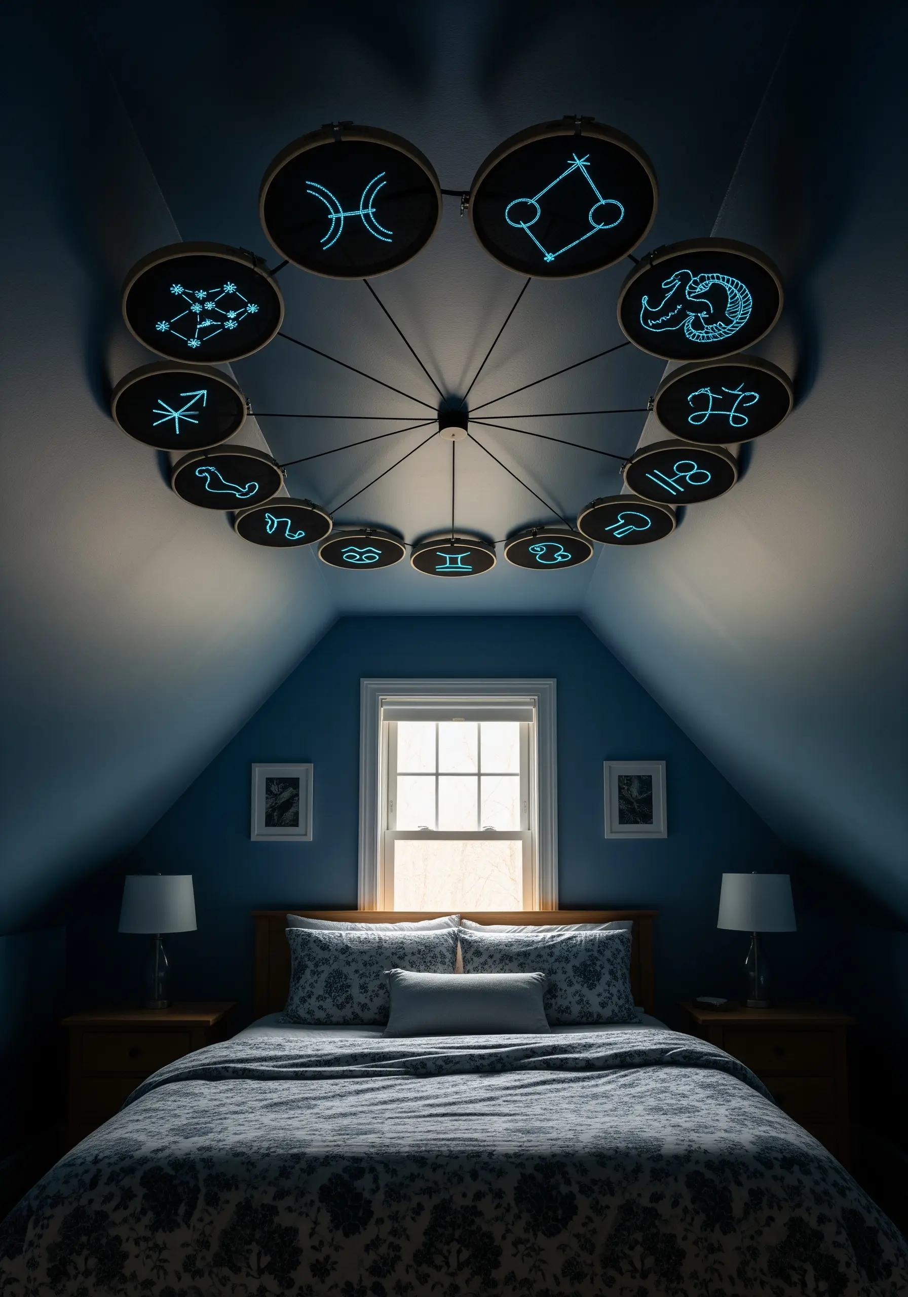 A ceiling installation of embroidered zodiac signs that glow in the dark blue.