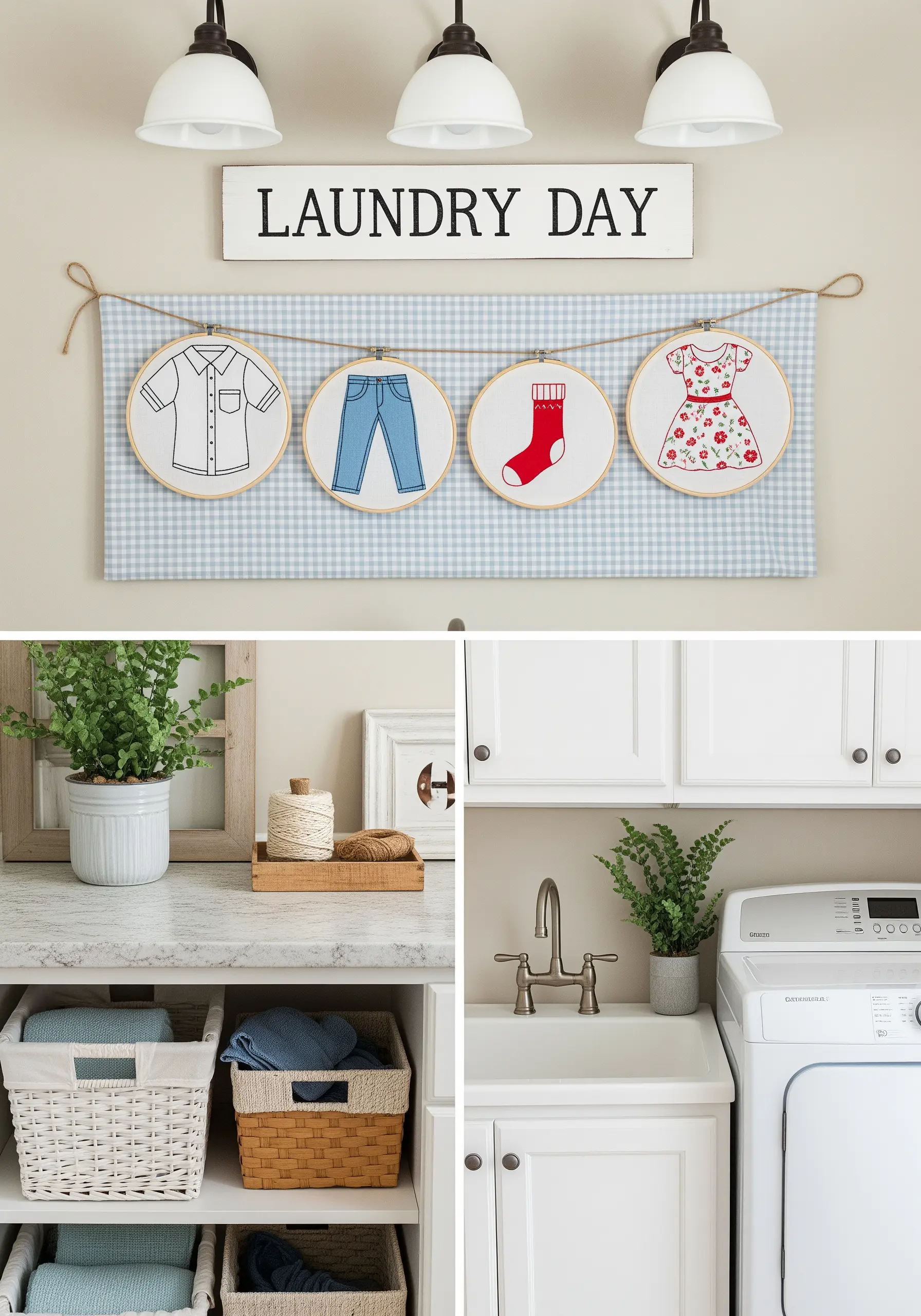 A laundry room banner made of four embroidery hoops with stitched clothing on gingham fabric.