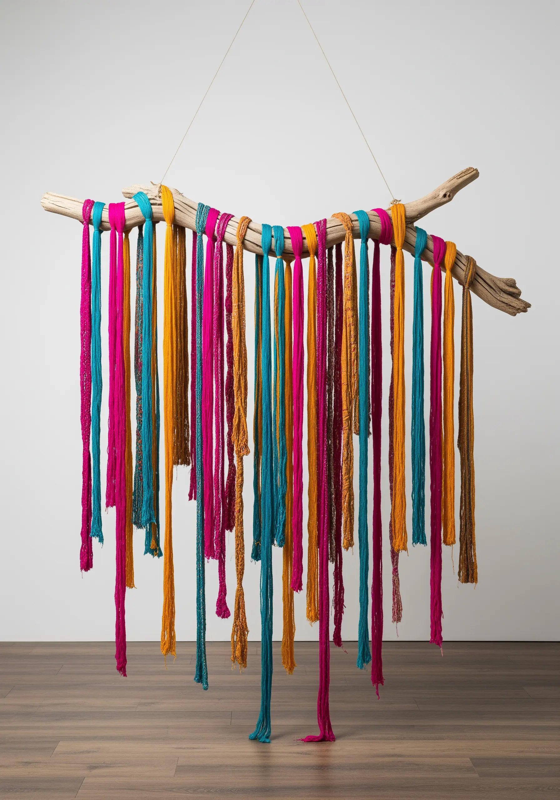A piece of driftwood with long, colorful strips of fabric hanging down.