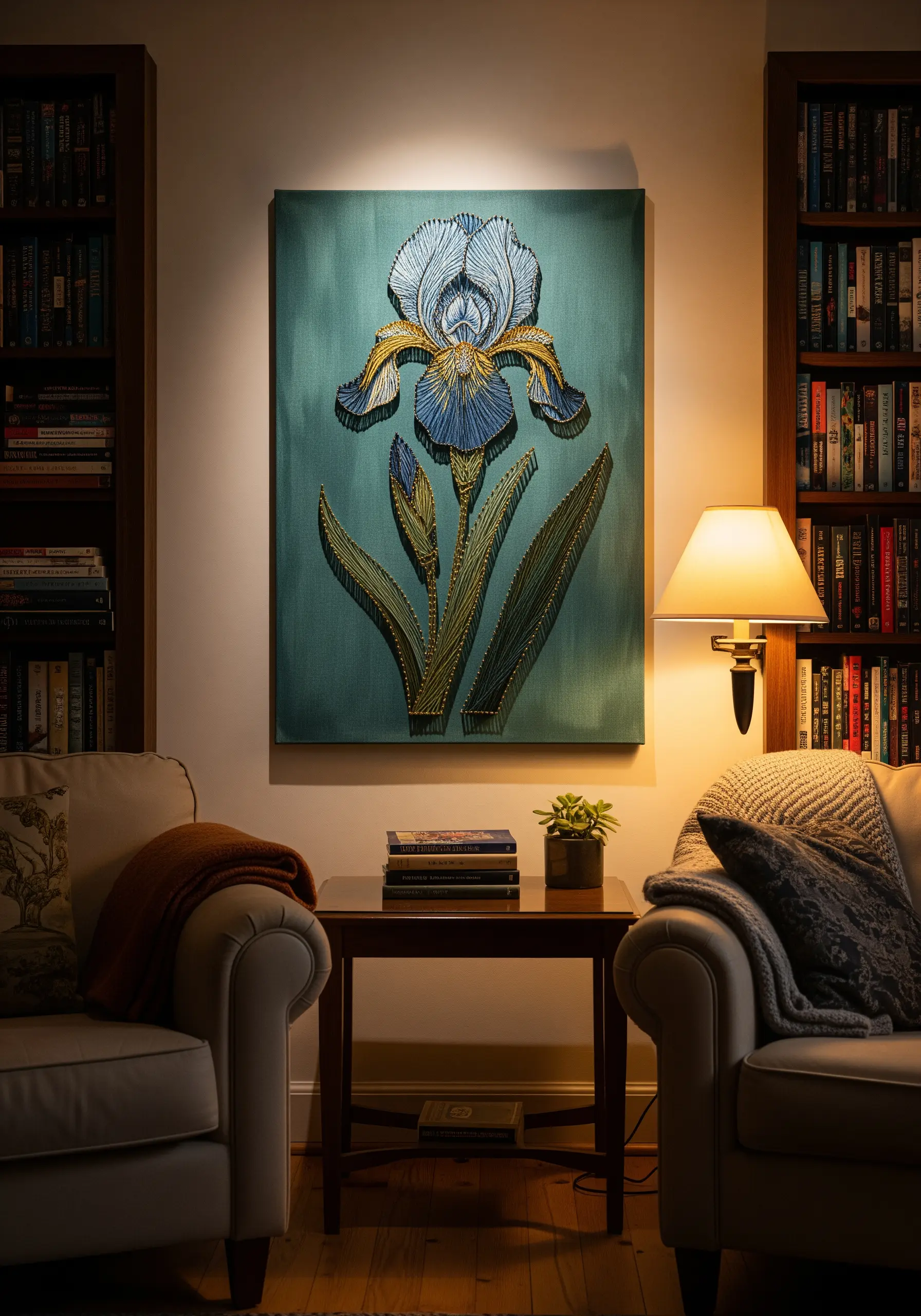 A string art iris in muted blue, white, and gold on a soft green canvas.