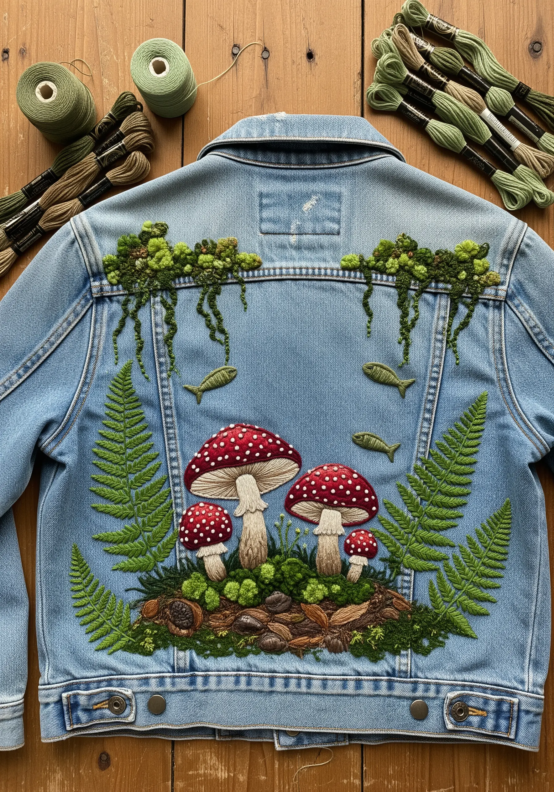 Detailed embroidery of mushrooms, ferns, and moss on the back of a denim jacket.