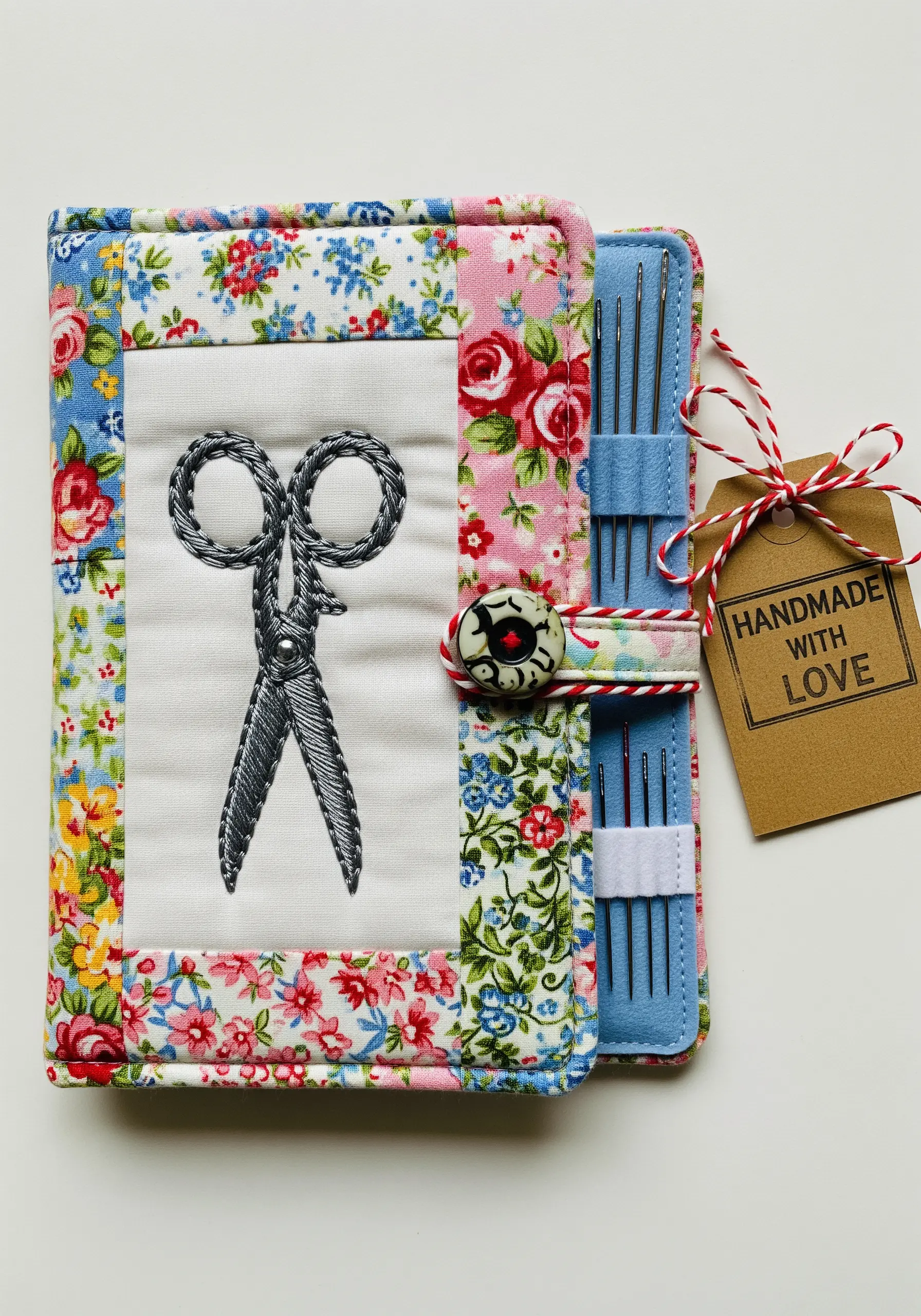 A handmade needle book with a floral patchwork cover and an embroidered pair of scissors.