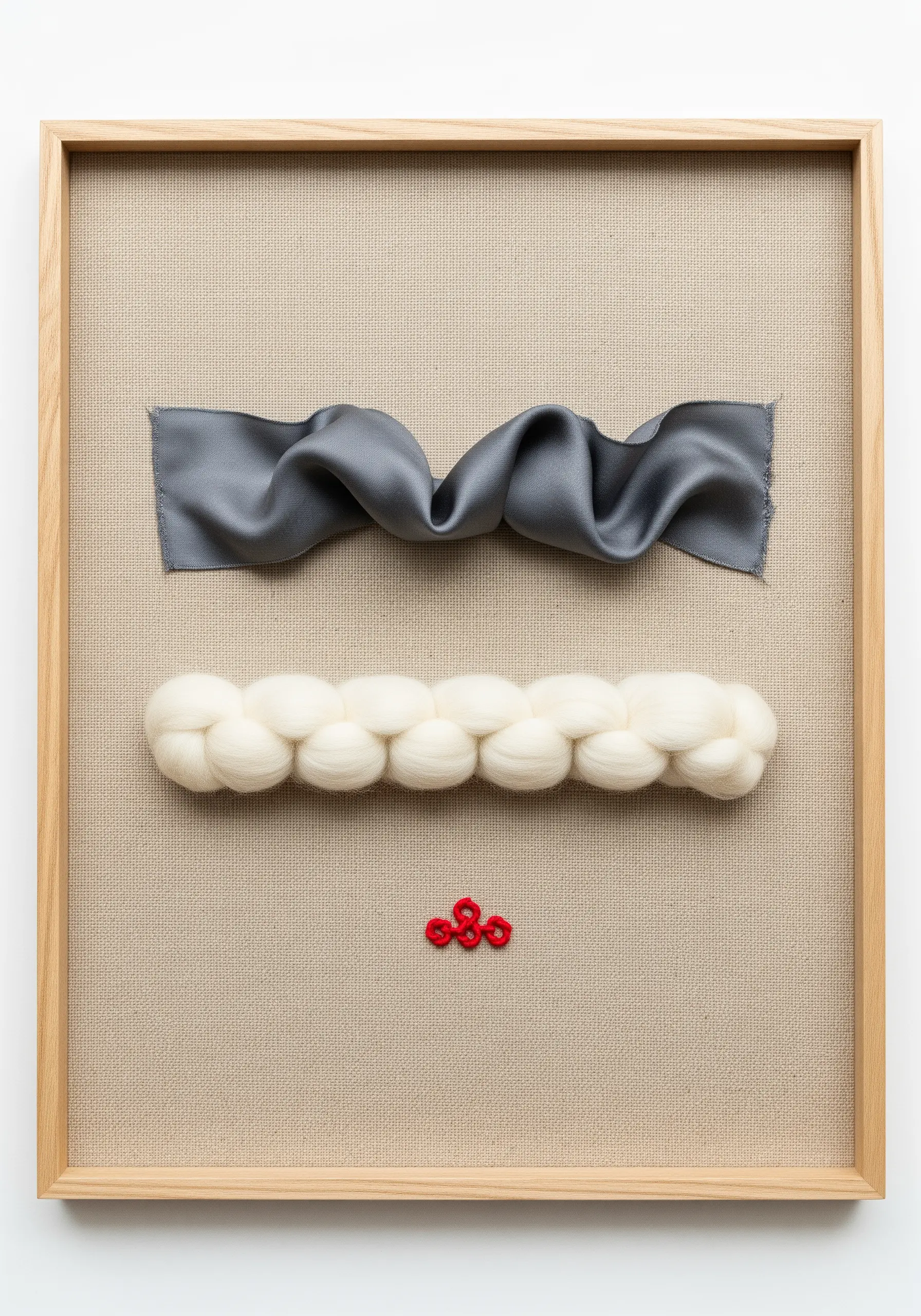 Minimalist framed fiber art showing a gray silk ribbon, a thick white wool braid, and red stitches.