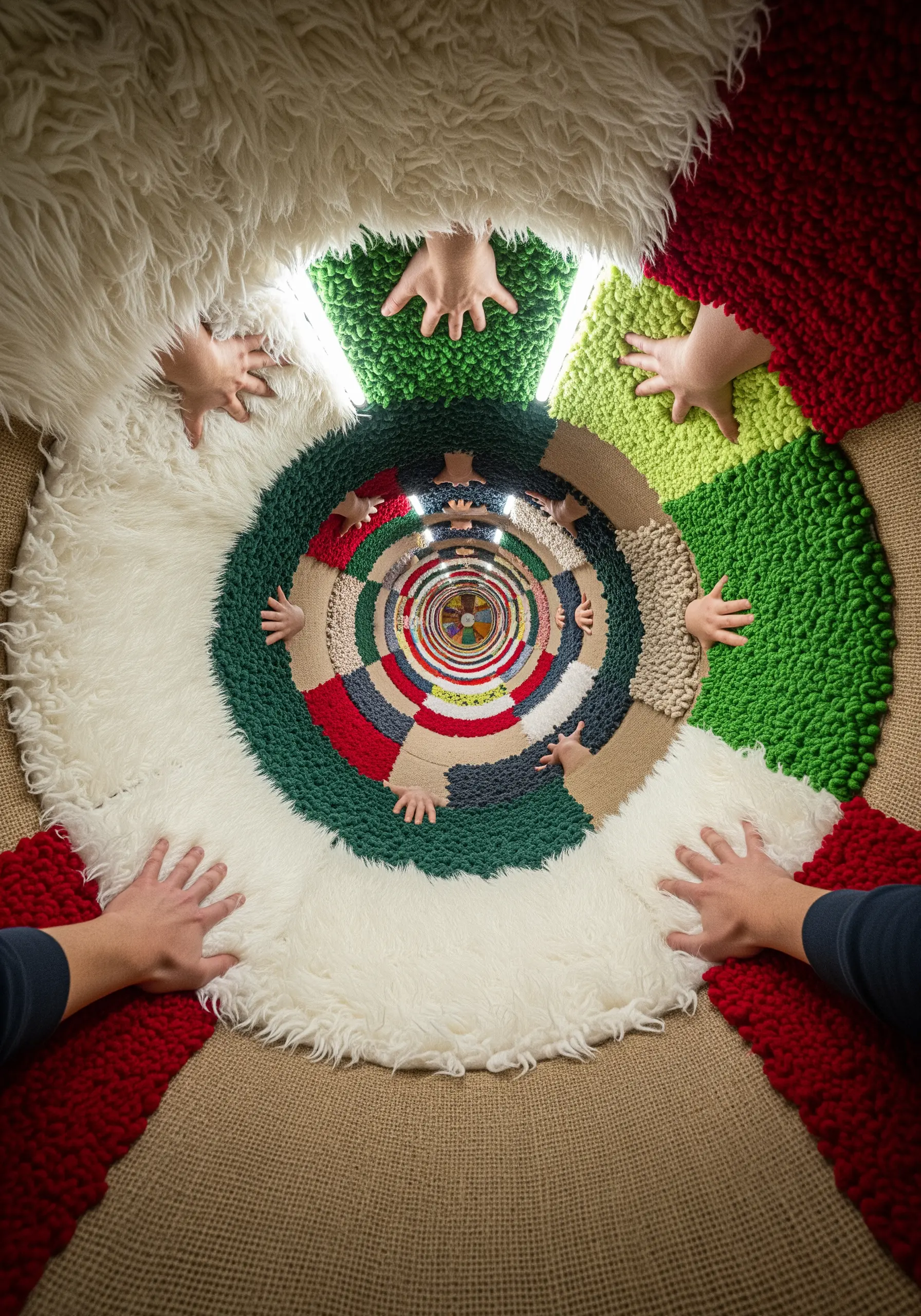 A circular, multi-textured installation with sections of shag, loop pile, and flat weave.