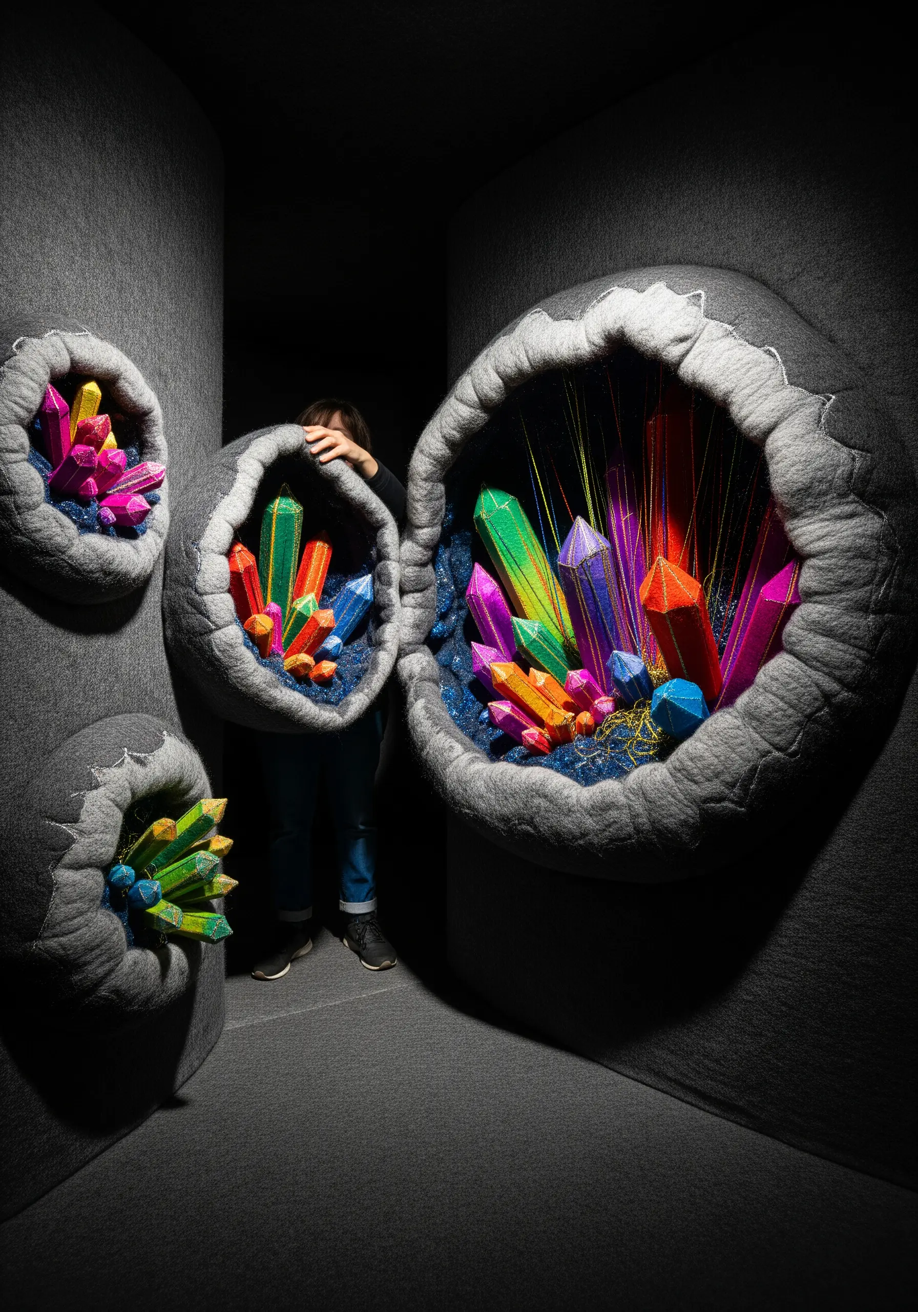 Felted grey pods with openings that reveal colorful, thread-wrapped crystal formations inside.