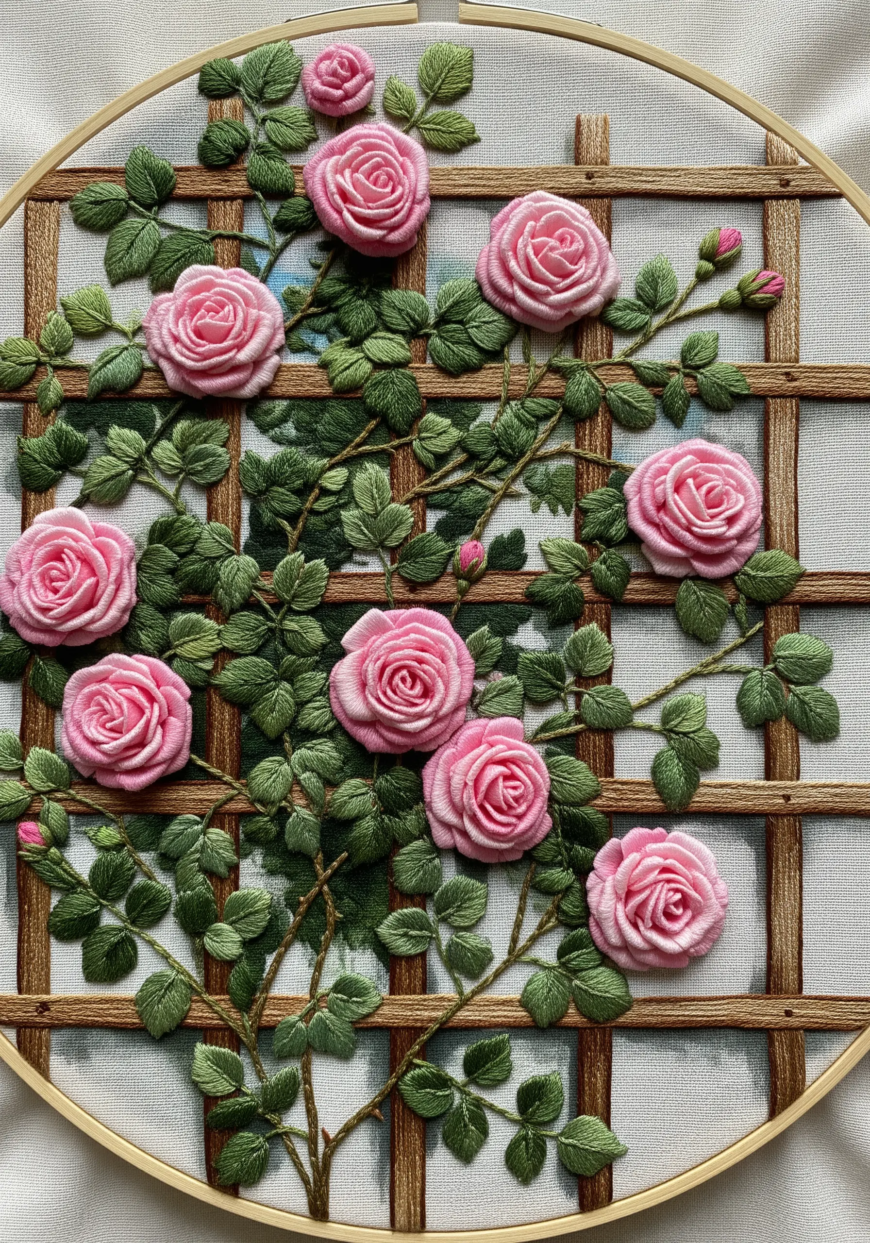 Pink woven wheel roses climbing a trellis, where the background is painted and foreground is embroidered.