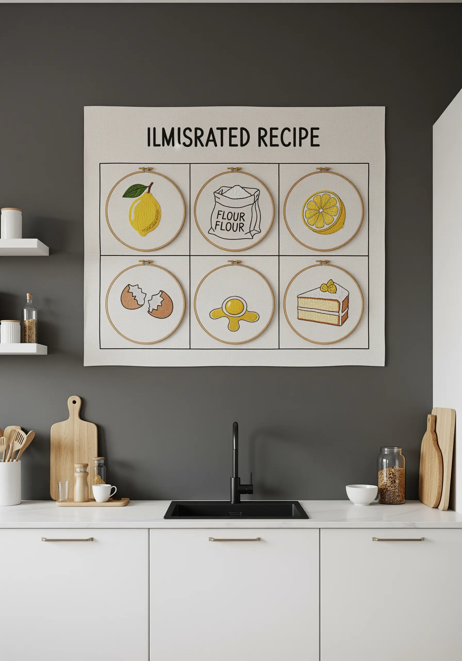 A kitchen wall hanging with six embroidery hoops illustrating the steps of a recipe.