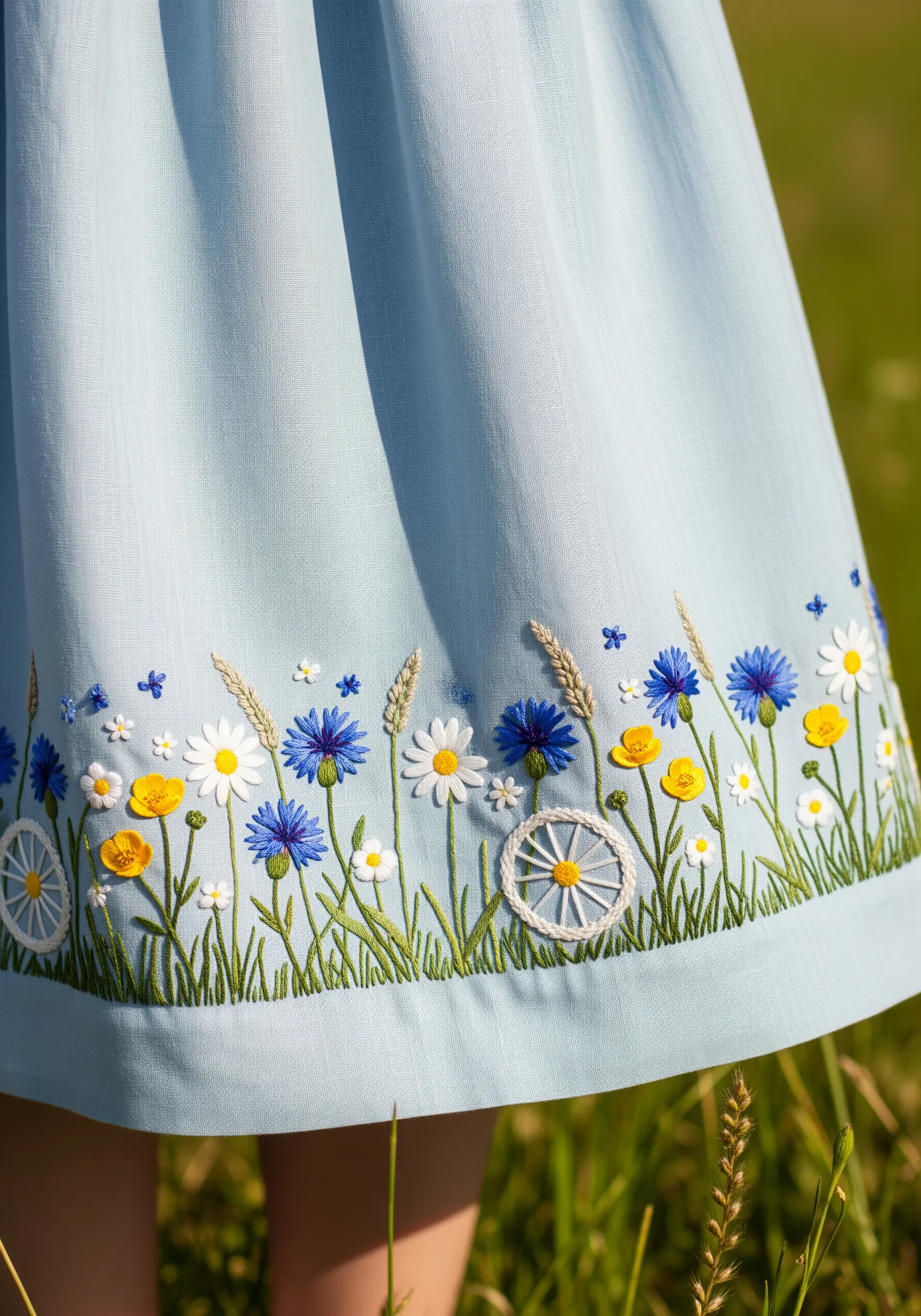 A detailed wildflower meadow with daisies and cornflowers embroidered along the hem of a blue skirt.