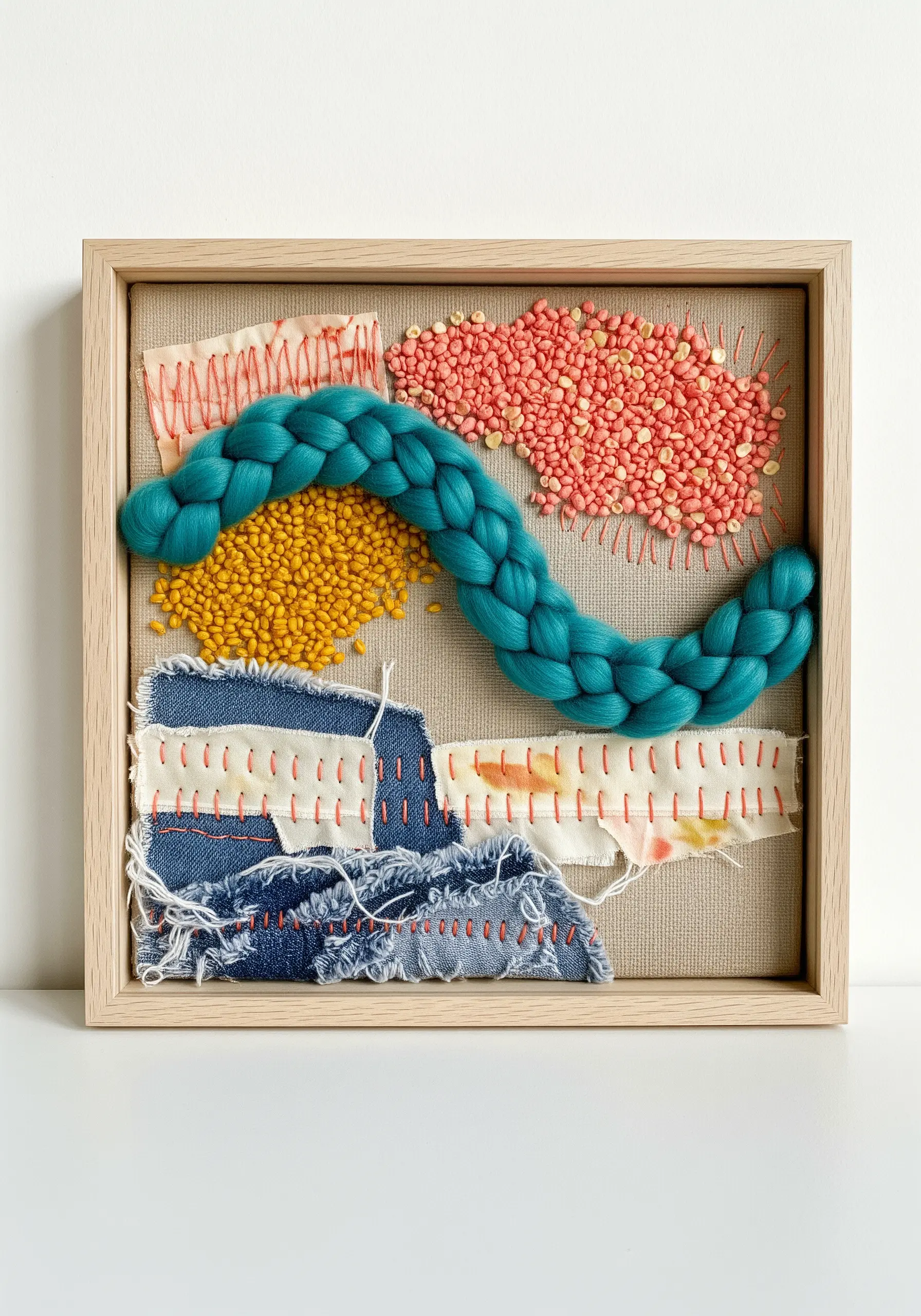 Abstract mixed-media art in a frame using yarn, beads, and stitched fabric scraps.