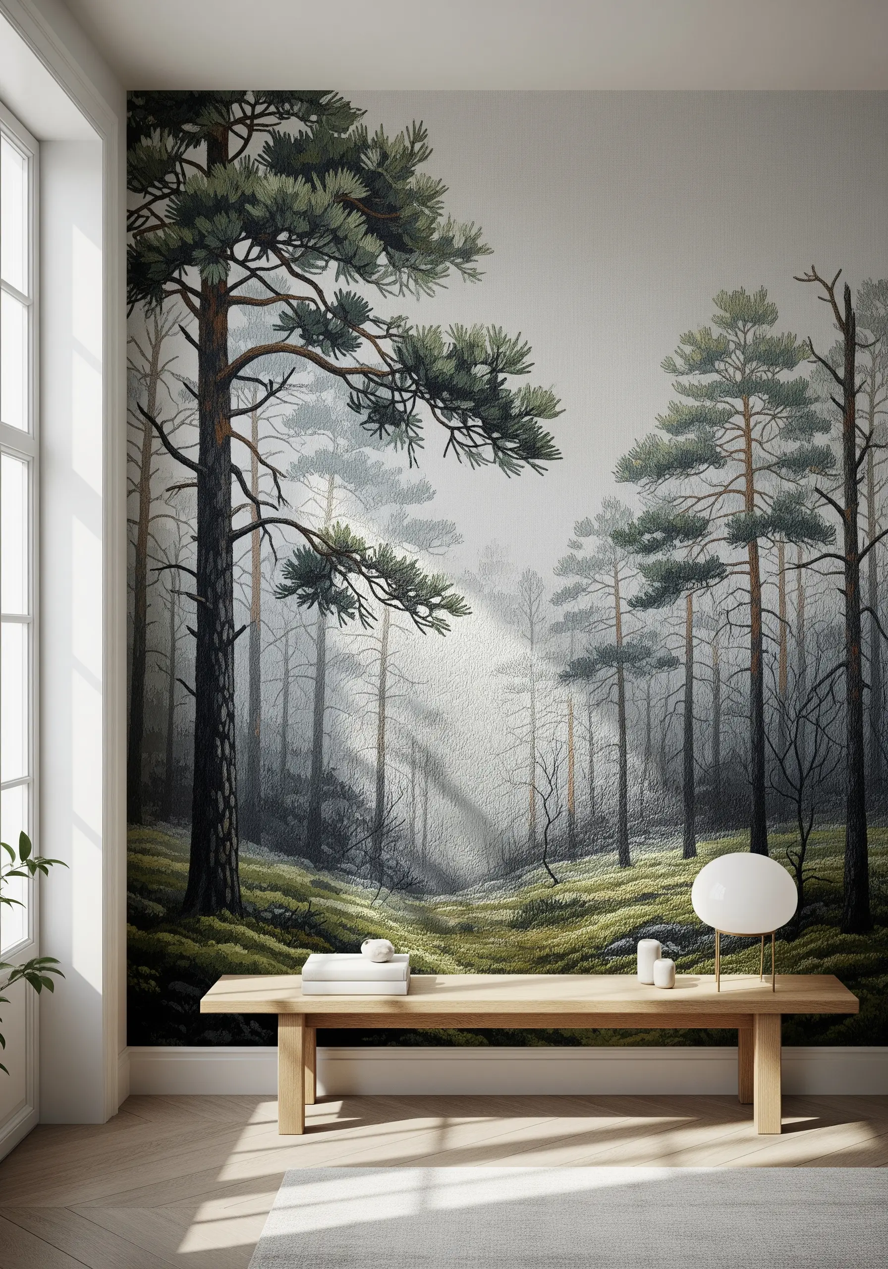 Embroidery mural of a misty pine forest with atmospheric perspective created through thread choices.