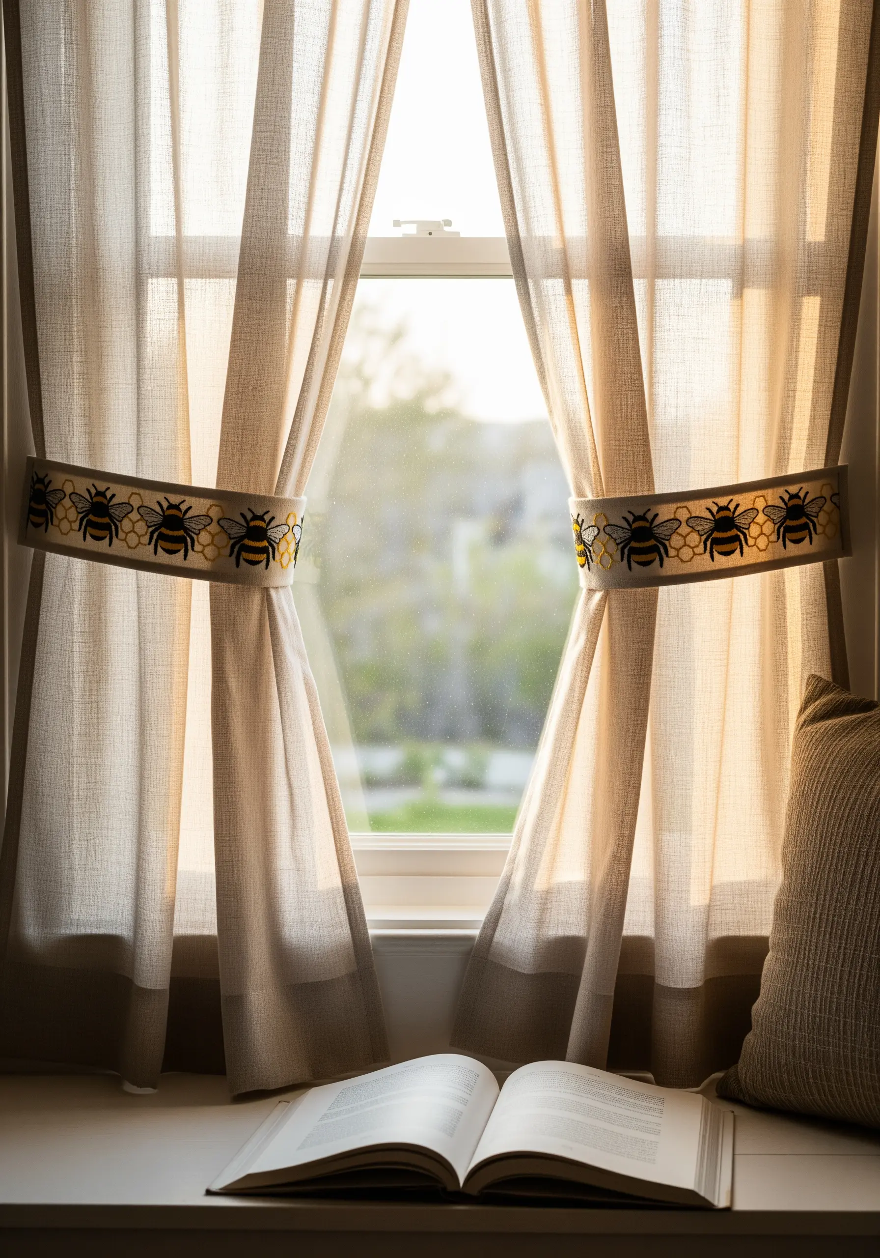 Embroidered curtain tie-backs with a repeating pattern of bees and honeycomb.