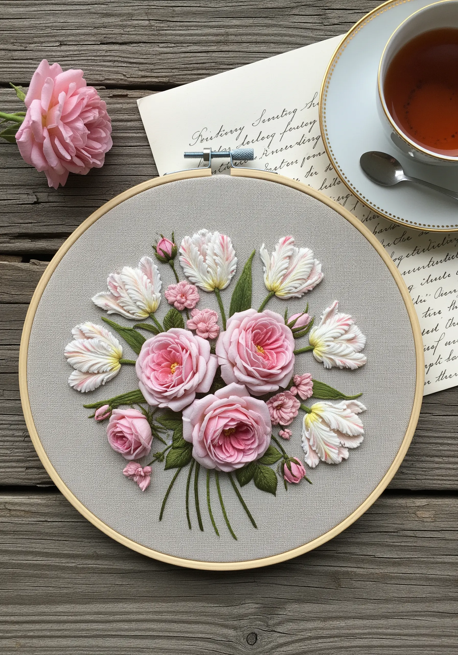 A mixed bouquet of dimensional pink roses and padded white and pink tulips on grey fabric.