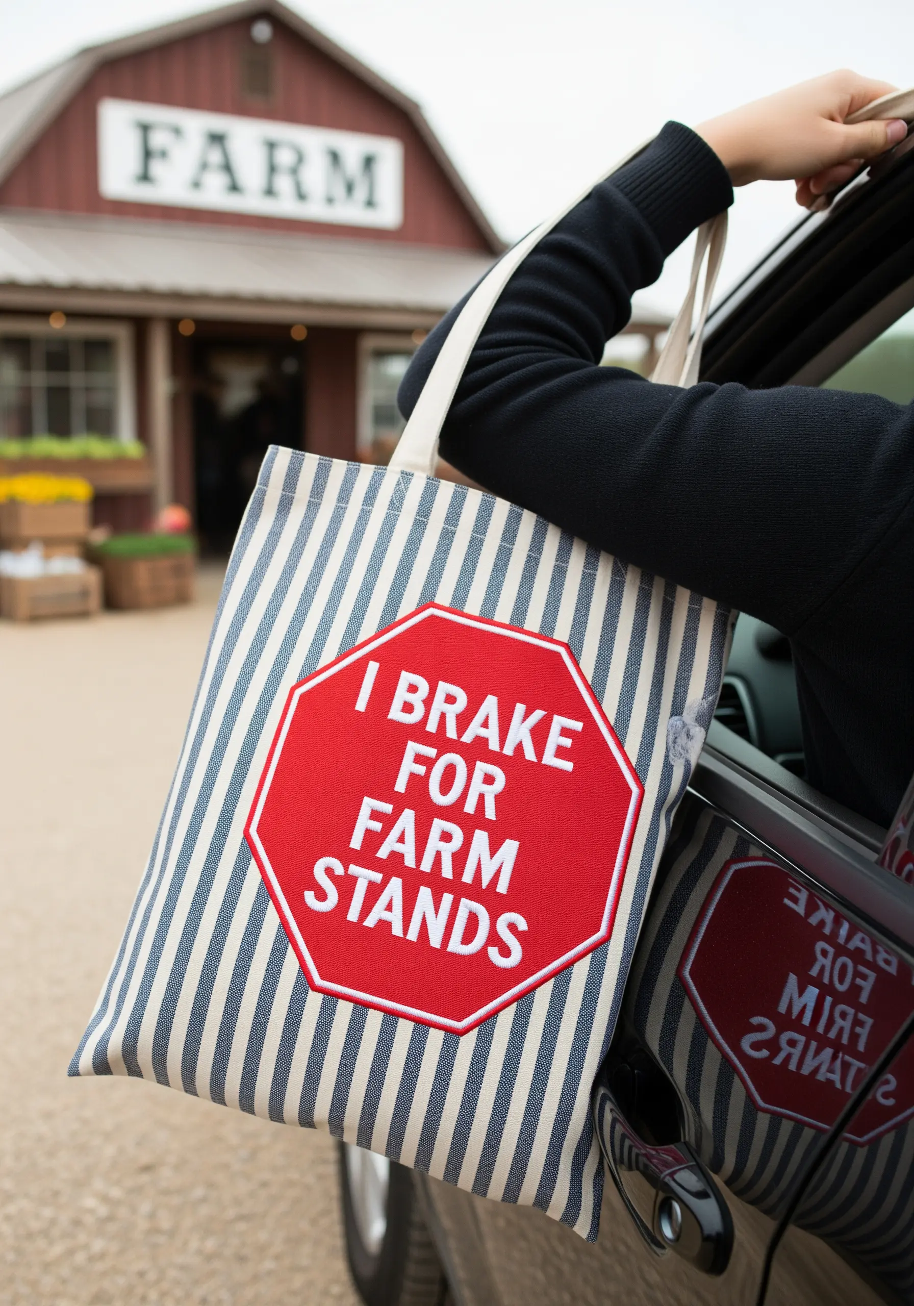 Striped tote bag with a red stop sign appliqué embroidered with 'I Brake For Farm Stands'.