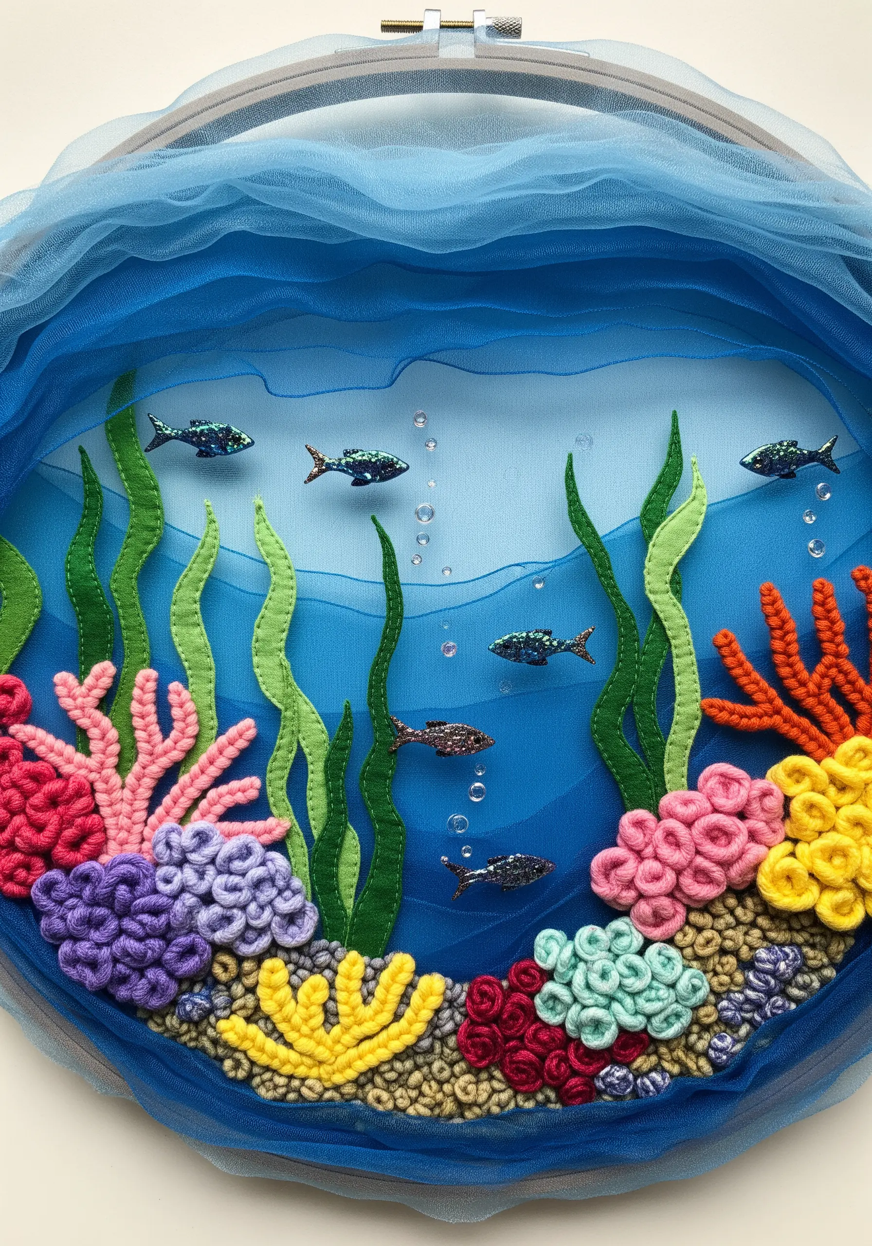 Underwater embroidery scene with colorful coral, felt seaweed, and a blue tulle overlay.
